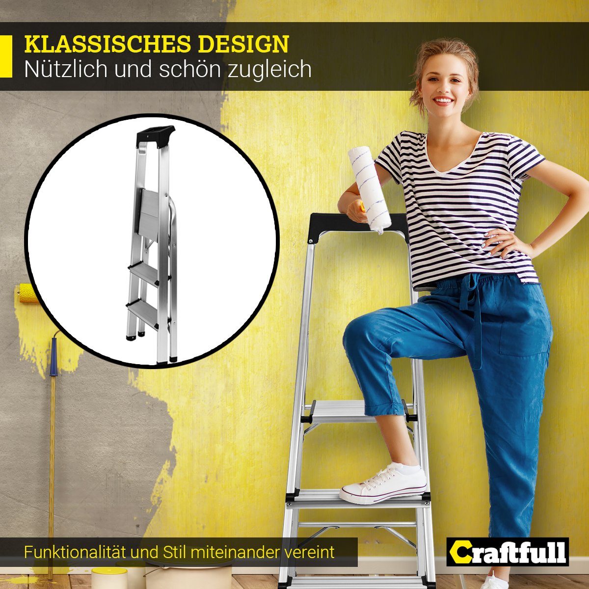 Craftfull Stehleiter Aluminium 3 Jahre Garantie Haushaltsleiter 3-6 Stufen (Haushaltsleiter, Stehleiter, Leiter aus Alu, Leiter, Trittleiter, Klappleiter, Multifunktionsleiter, Sicherheitsleiter, Extra große Ablagefläche, Anti-Rutsch-Trittfläche, Gummierte Standfüße), Multigerüst Gerüst Ablagefläche - Aluminiumleiter klappbar