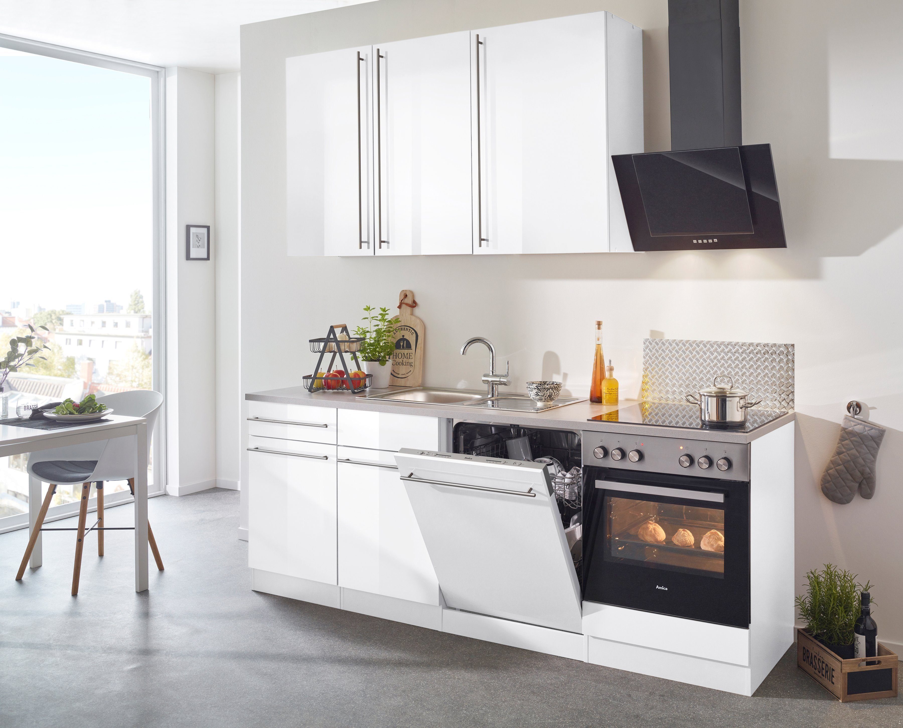 wiho Küchen Küchenzeile Chicago, Glanz Breite E-Geräten, 220 Weiß mit weiß | cm