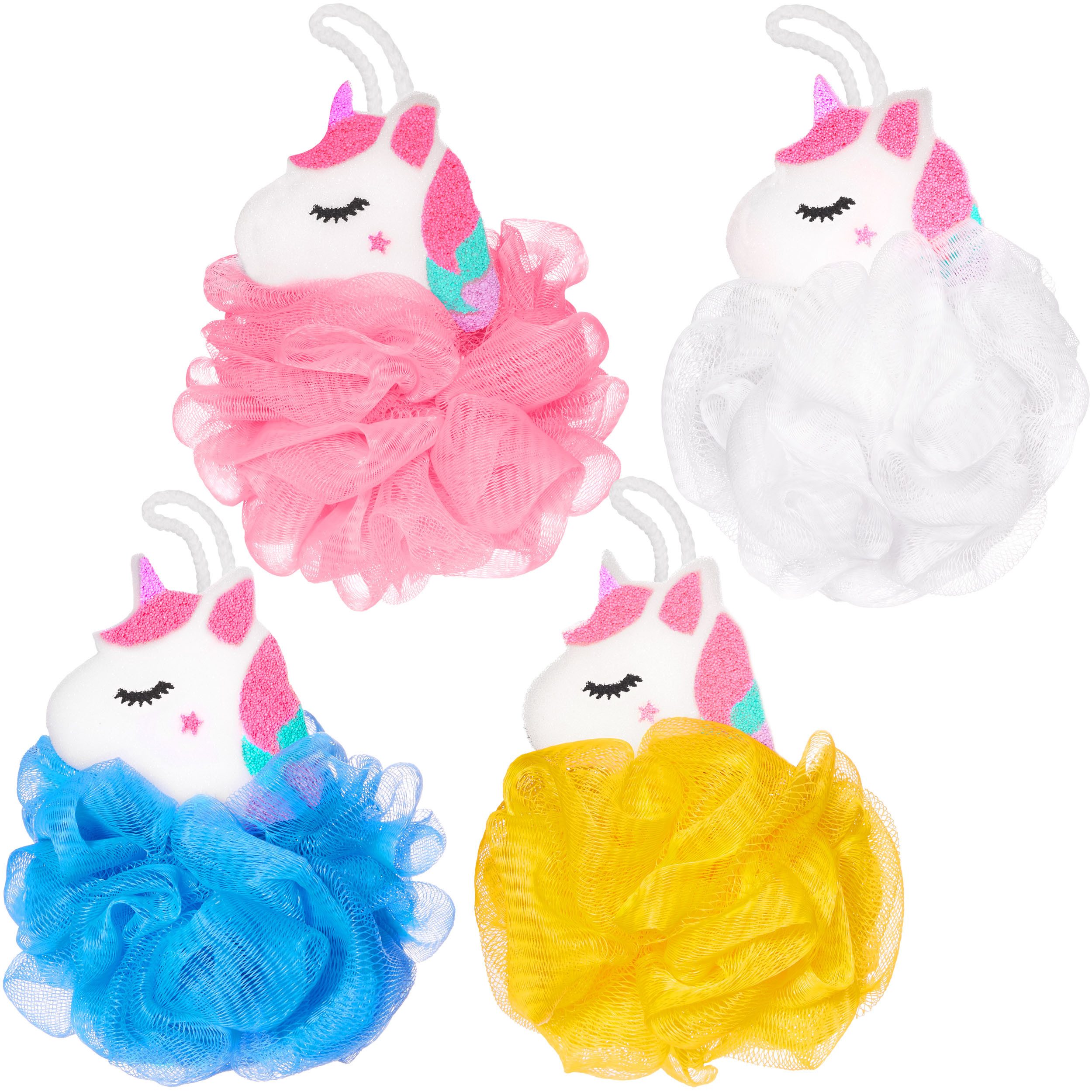 BRUBAKER Duschschwamm Badeschwamm Set Einhorn - Badeknäuel Schwamm - Rosa und Bunt, 4-tlg., Körperreinigungsschwamm für Kinder und Erwachsene inkl. Geschenkbox
