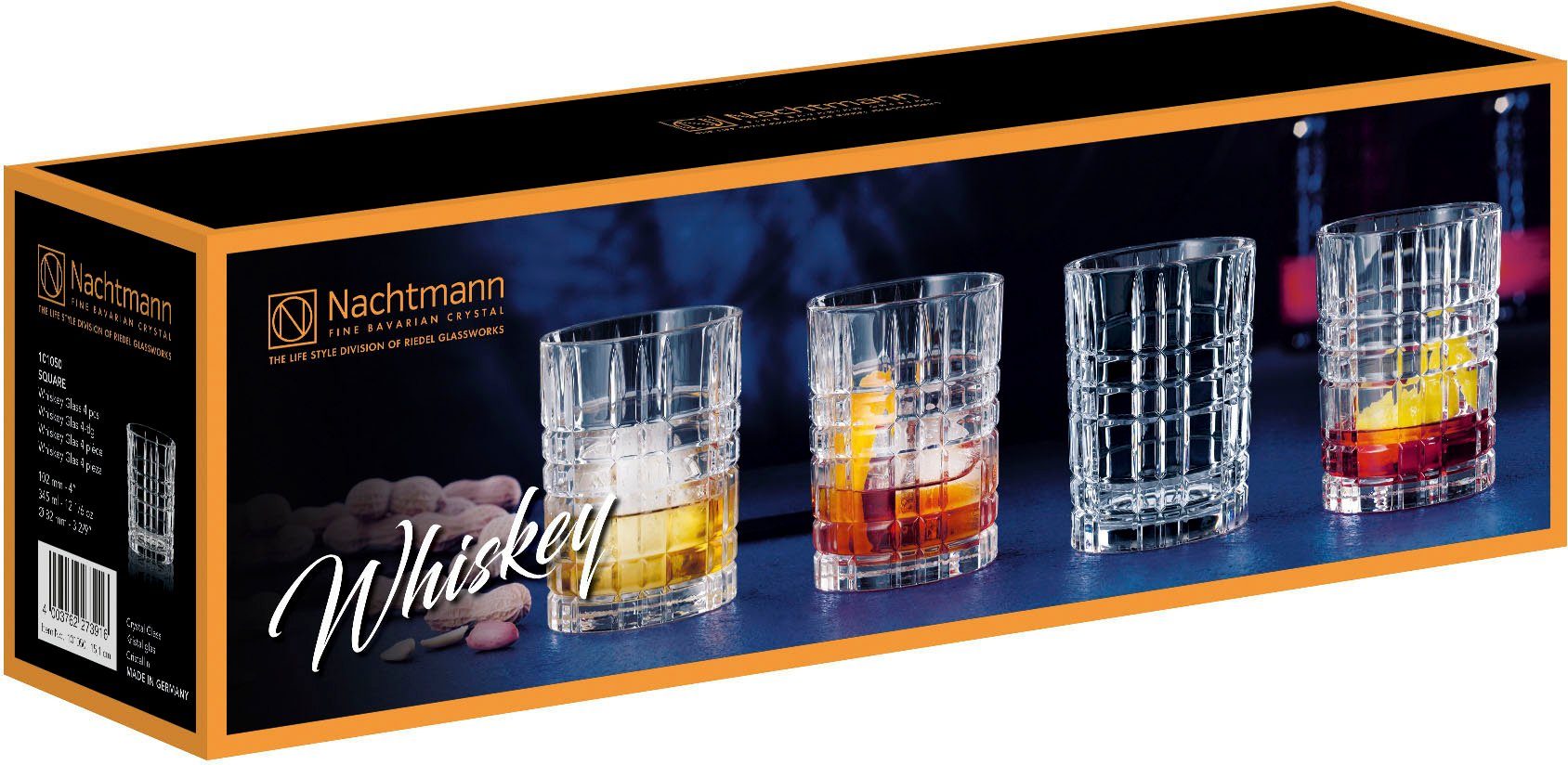 Nachtmann Whiskyglas Square, 4-tlg., Kristallglas, Made in Germany, 345 ml, 4-teilig