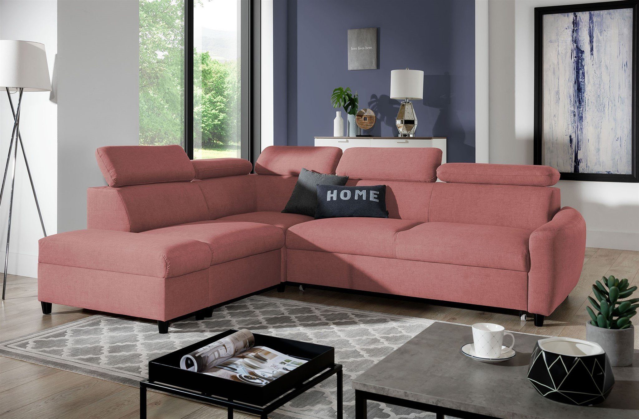 Fun Möbel Ecksofa Schlafsofa Sofa ANTON in Stoff Esito, Inkl. 2 x Bettkasten, Rundumbezug Rosa