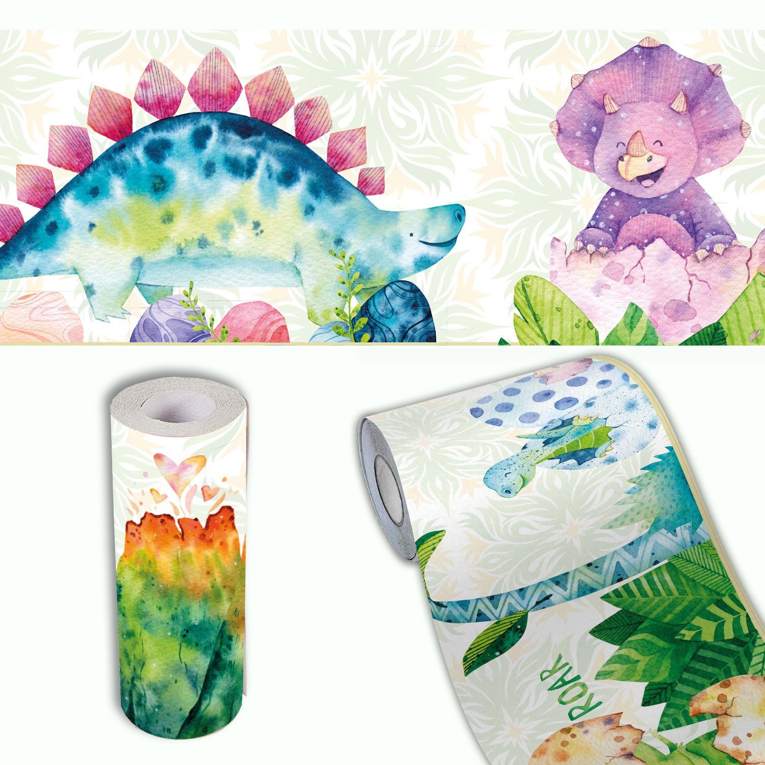 Sunnywall Bordüre Dino Kids (Bordüre - 400 cm), Comic, botanisch, Dinosaurier, Dino, (1 St), hochwertige 200 g/m² Vliestapete