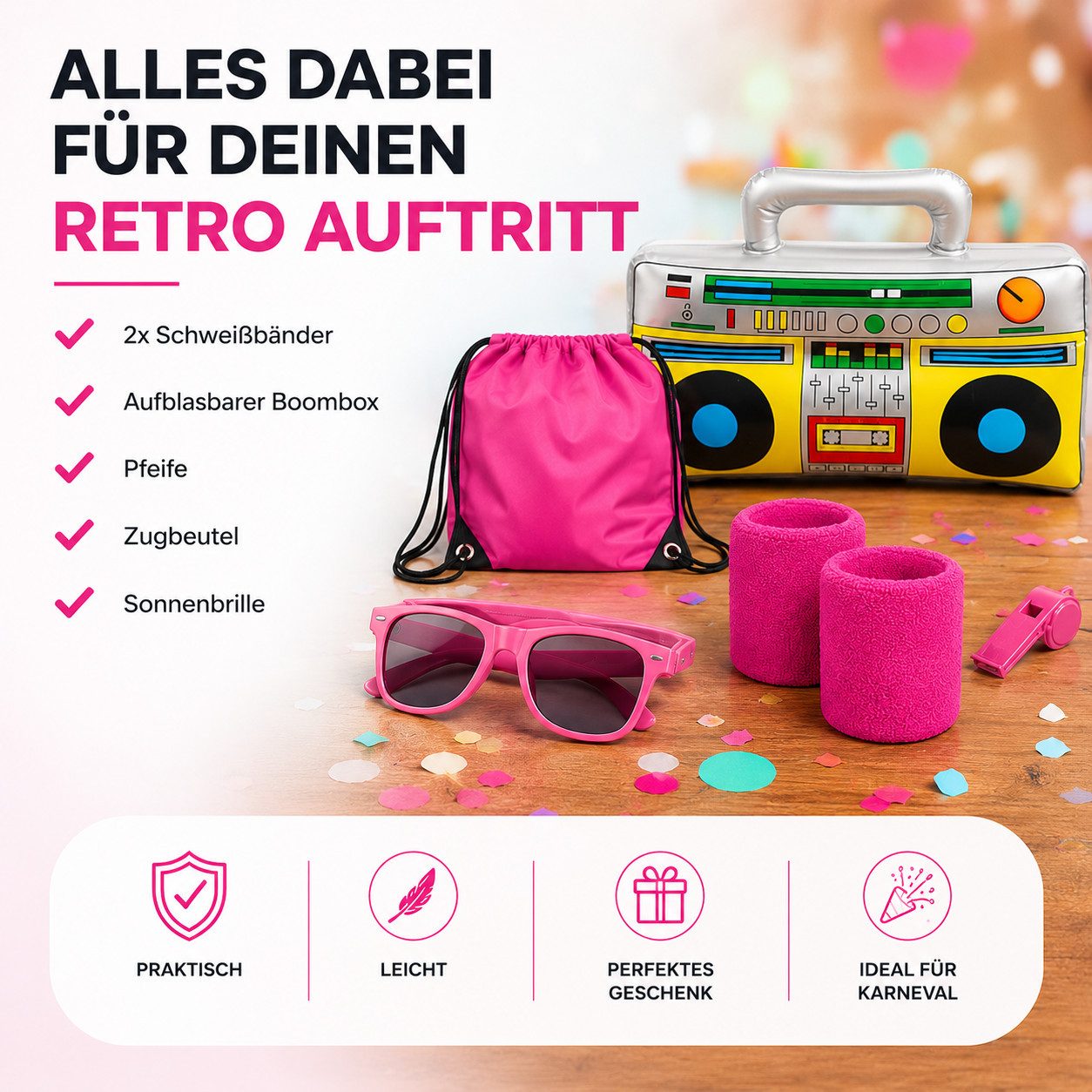 Kostümheld® Kostüm Retro Set 5 in 1 - 80er 90er Kostüm Accessoires Fasching Karneval