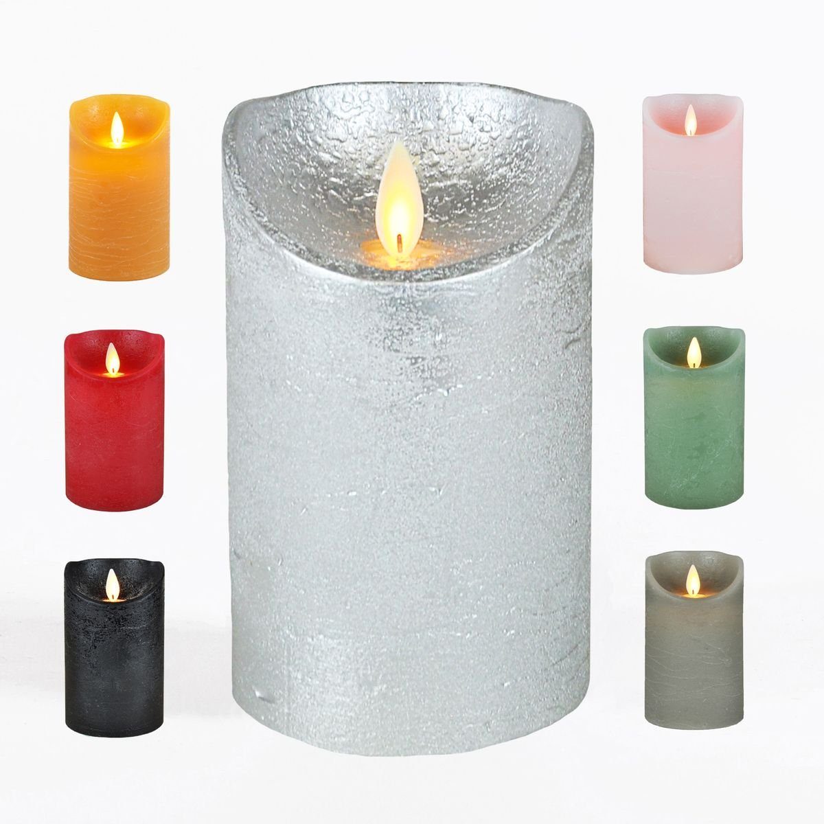 JACK LED-Kerze LED Echtwachskerze Kerze 10 / 12,5 / 15 cm Timer Ø 7,5cm Wachskerze (1-tlg), große Farb- und Größenauswahl, Echtwachskerzen mit Timerfunktion Silber | LED-Kerzen