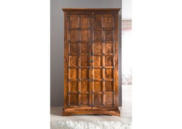 Massivmoebel24 Drehtürenschrank OXFORD (Rustikaler Wohnschrank mit Regalböden und Kleiderstange, im Landhausstil, braun lackiert 115x60x212 Akazie montiert) Klavierbeschläge, Metallleisten mit Noppen, Urtümliche Haltekeile, detailreich und stilvoll, dekorativer Kranz auf Oberseite, Schubladen auf Holzlaufschienen, Türen in Kassettenform, Handgriffe aus Metall in Sonnenform