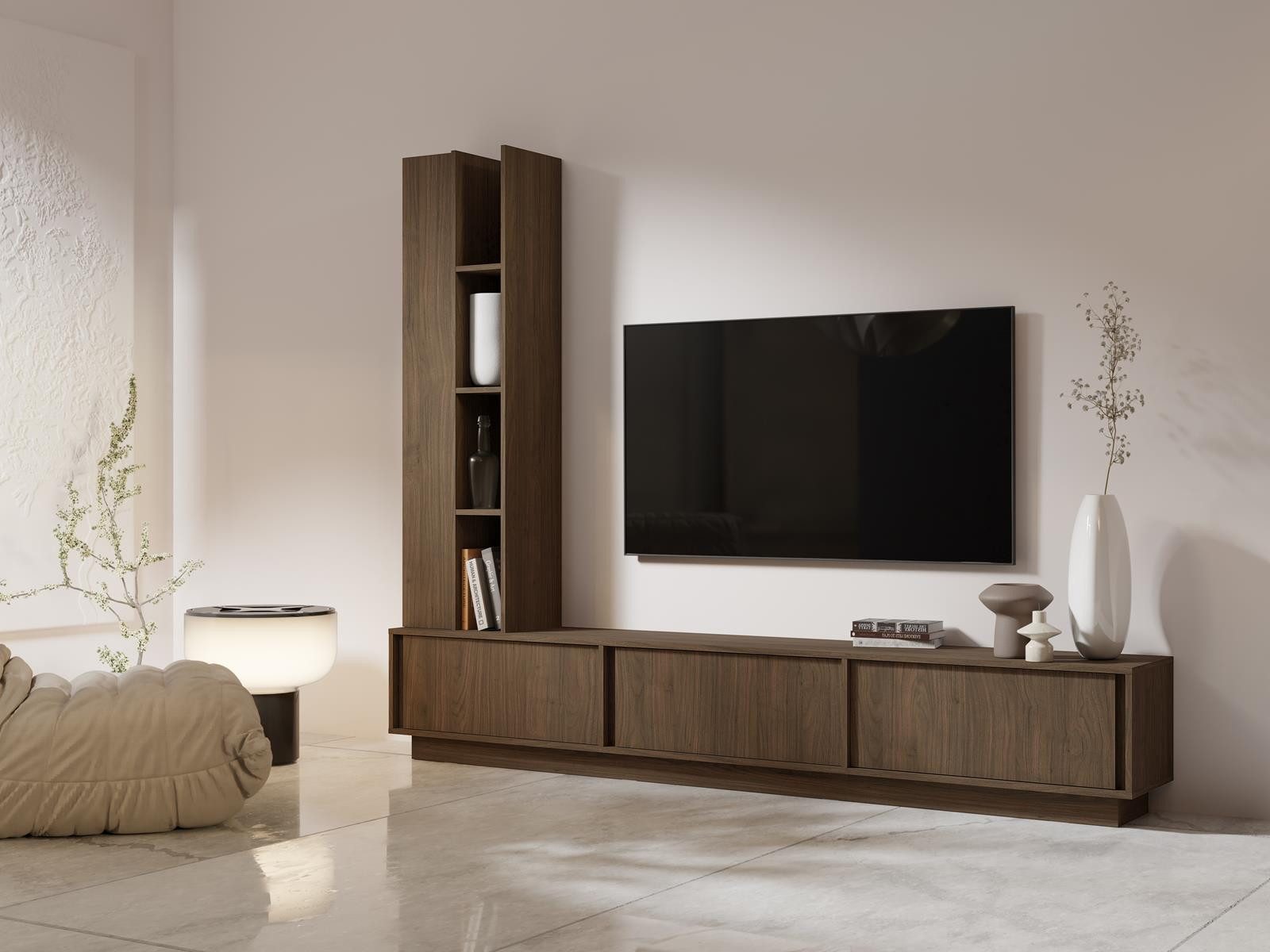 Compleo Wohnwand "MARVI" TV-Wohnwand mit Lowboard und Hochschrank, (Japandi Stil), Lowboard und Regal Hängend oder stehend