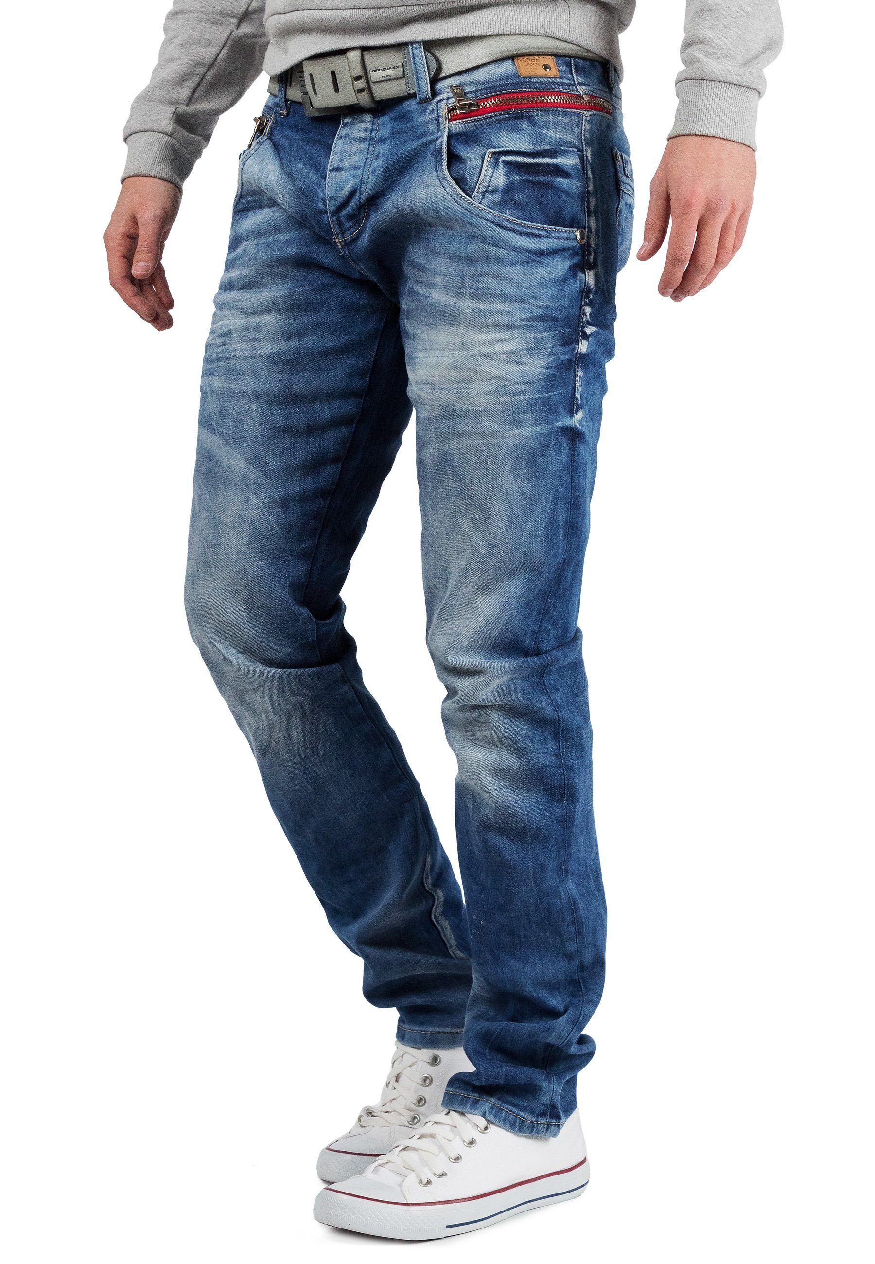 Cipo & Baxx Slim-fit-Jeans Herren Slim Fit Hose Stonewashed BA-CD394 mit roten Zipper und Stonewashed Effekten – Bild 3 von 5