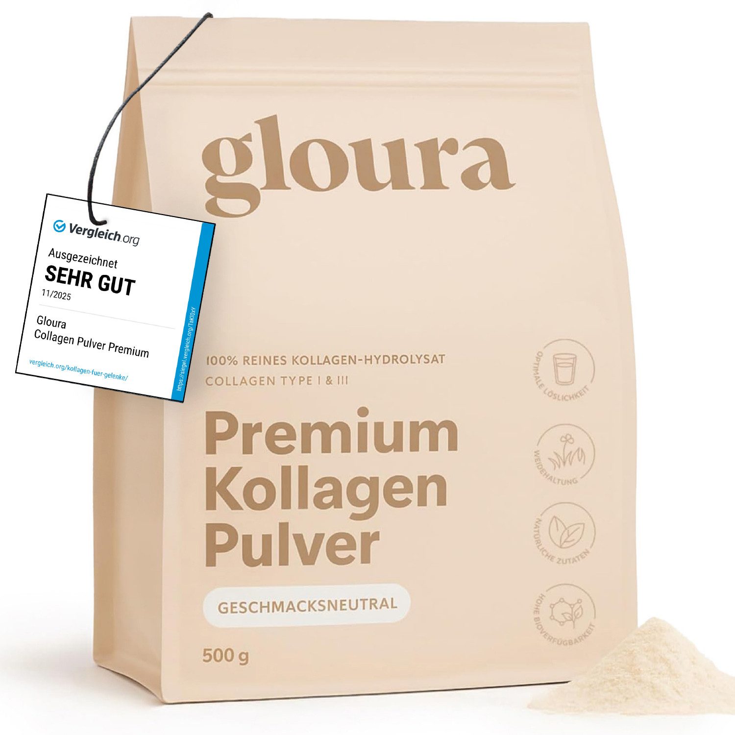 Gloura Gloura Premium Kollagen Hydrolysat Pulver (Typ 1 & 3) Pulver, 1 er 500 g, Frei von Zusatzstoffen, geschmacksneutral, gut löslich