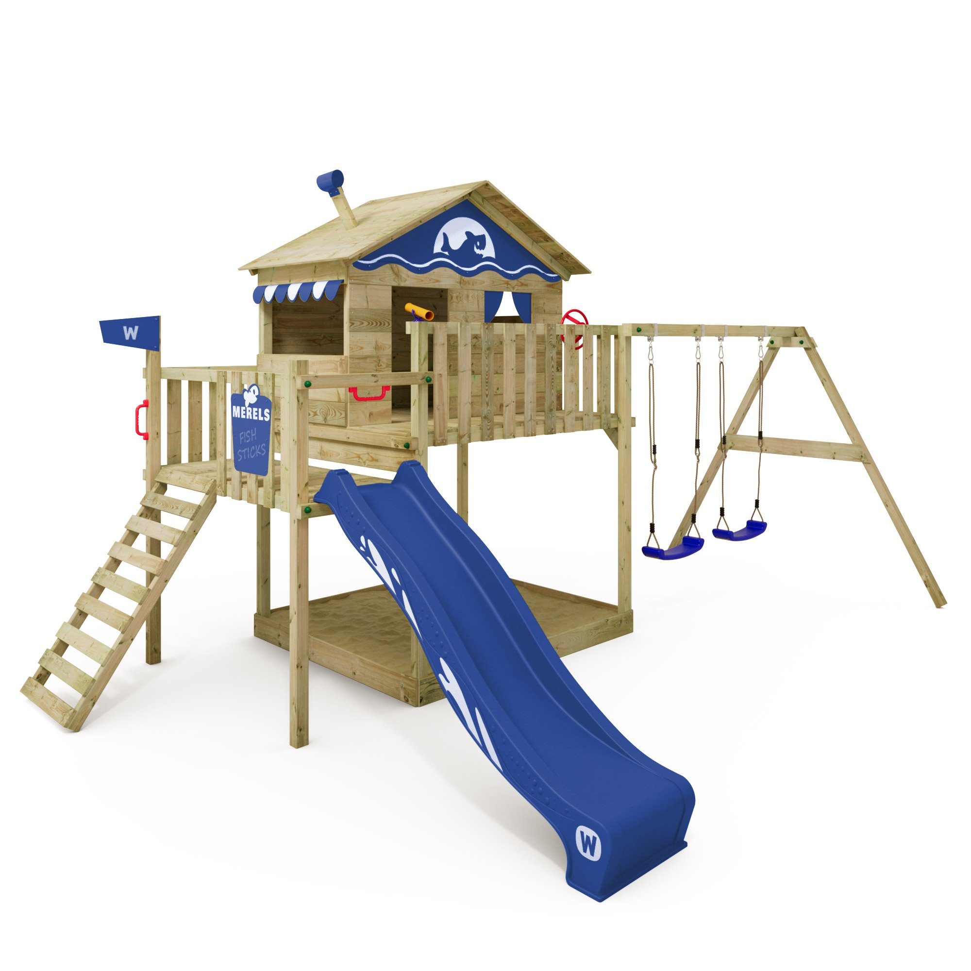 Wickey Spielturm Smart Coast – Stelzenhaus mit Doppelschaukel, Rutsche & Sandkasten, Wetterfestes & langlebiges Holz – mit 10 Jahren Garantie*