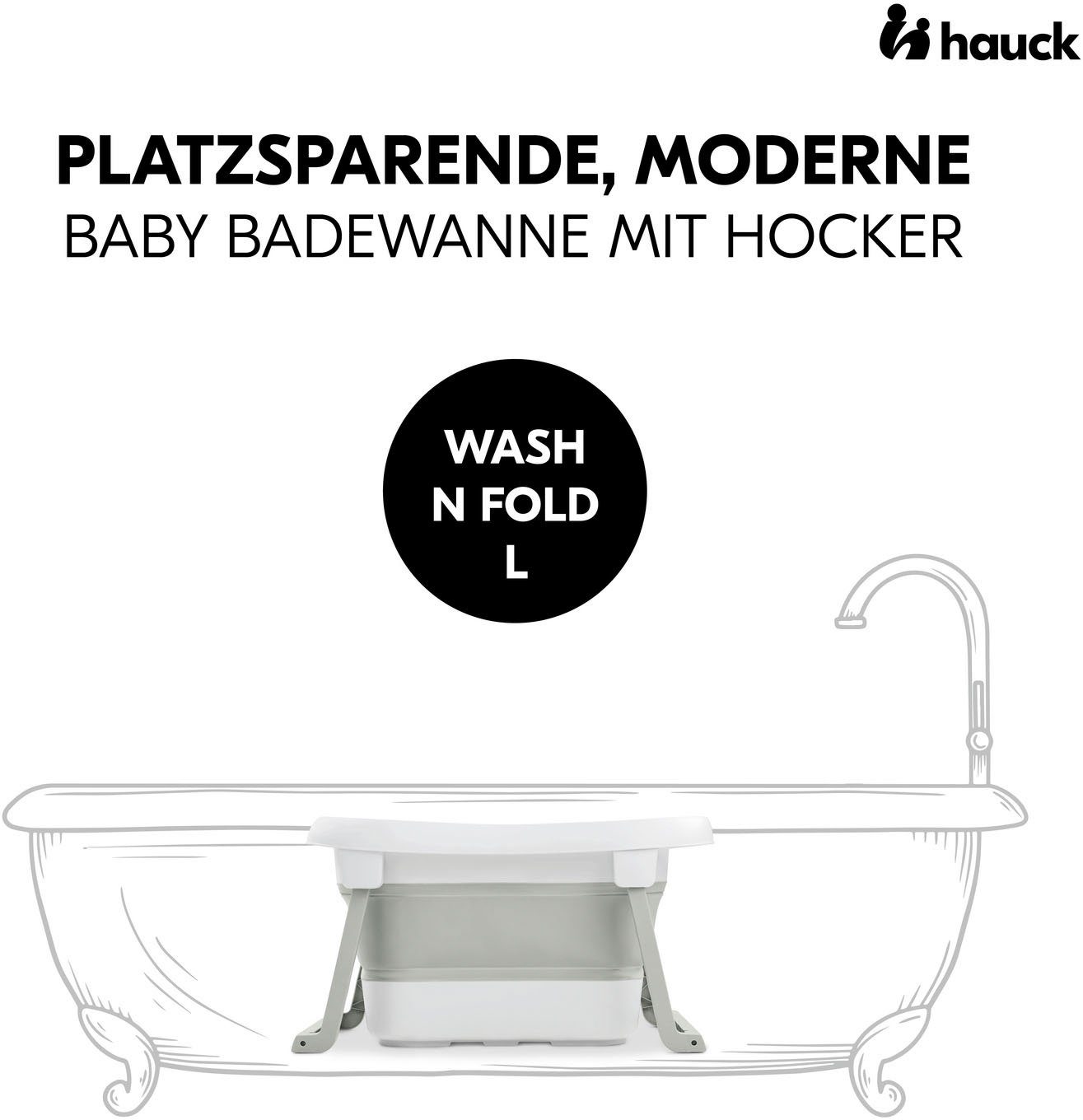 Hauck Babybadewanne Wash L, mit am Faltbadewanne Fold White/Sage, Ablaufstopfen Wassertemperaturmessung N