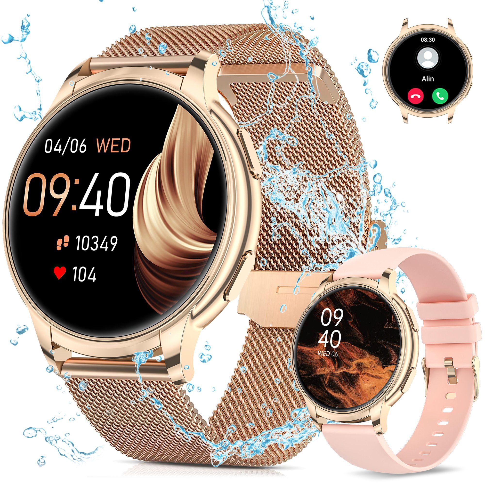 Vbrisi Smartwatch Damen Herren Smartwatch, Fitness Tracker Uhr mit Anrufe Smartwatch (Enthält ein Stahlgürtel und ein Silikon Armband, Fitnessuhr mit Telefonfunktion, IP67 Wasserdicht,1.52