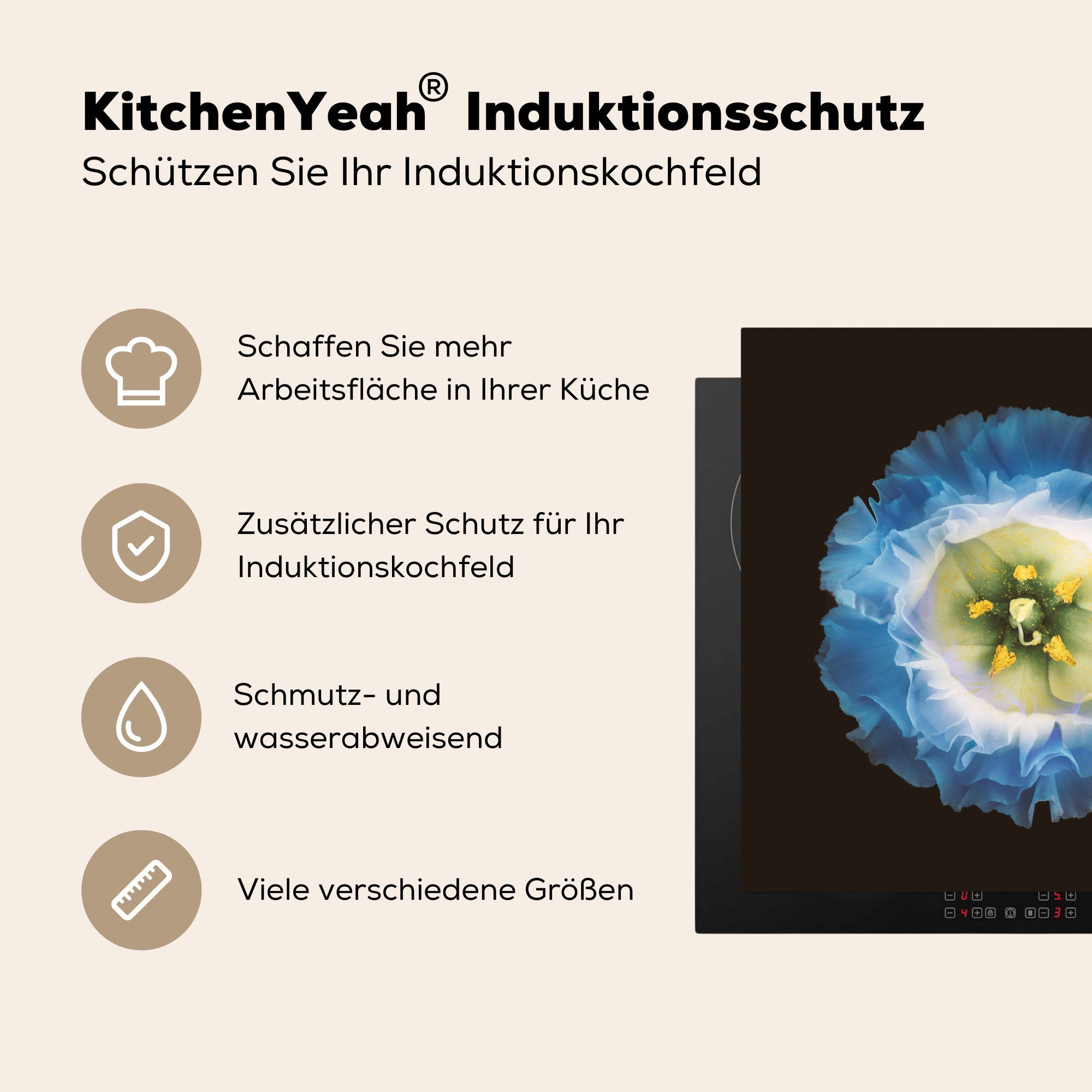 Herdblende-/Abdeckplatte Arbeitsplatte 78x78 für Schwarz, MuchoWow - cm, (1 Blume Vinyl, Blau tlg), - küche Ceranfeldabdeckung,