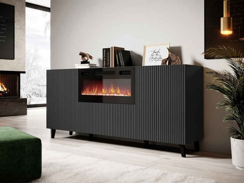 MIRJAN24 Kommode Vamos Grey 180 mit Kamin (mit 2 Türen und Klappe), Fronten gefräst, Realistische LED-Flamme