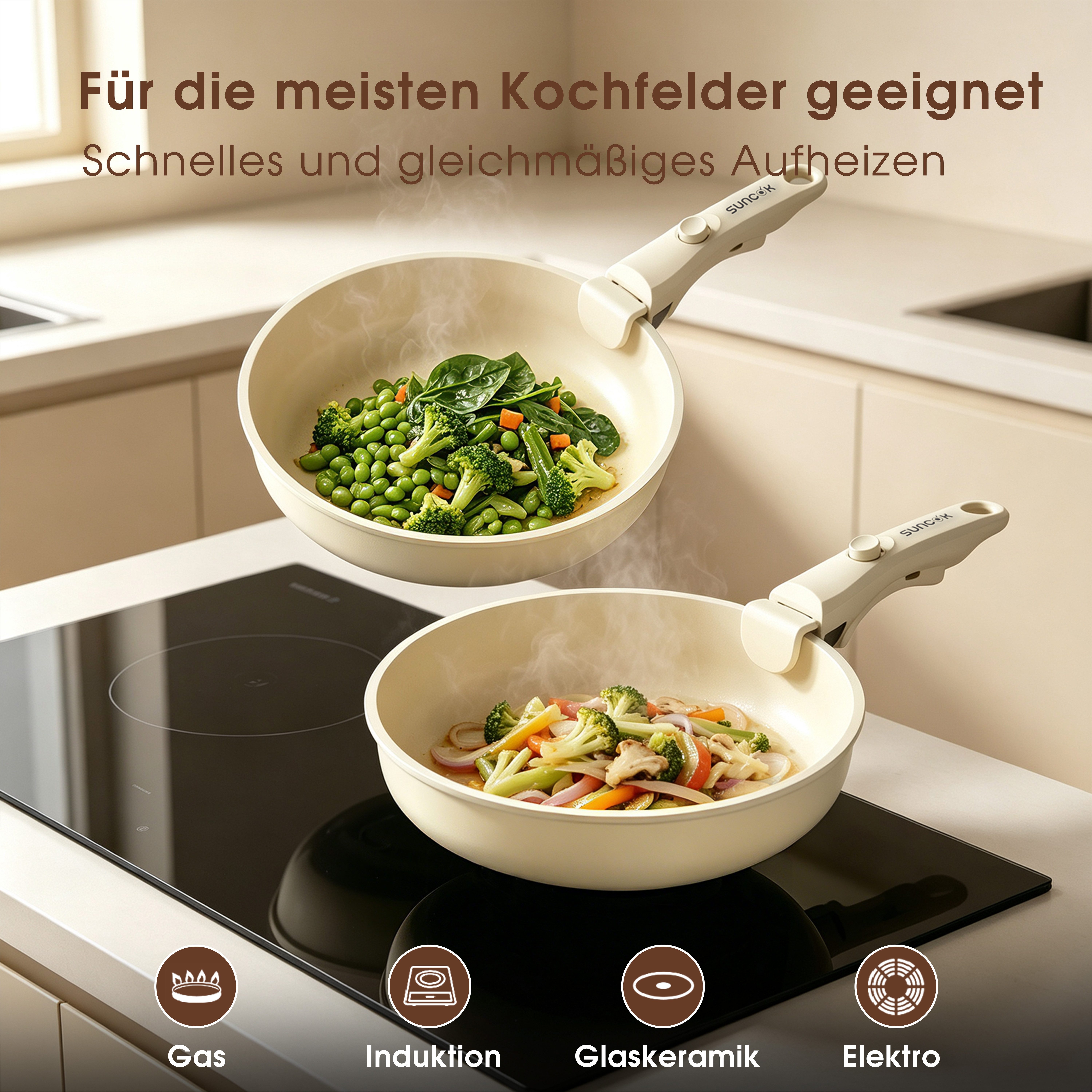 SUNCOK Topf-Set Pfannenset 19-Teilig Antihaft-Keramik-Kochgeschirr-Set,Ofenfest 450 °C, Aluminium (Set, 18/20 cm Suppentopf + 20/26 cm Bratpfanne + 26 cm Tiefe  – Bild 4 von 5