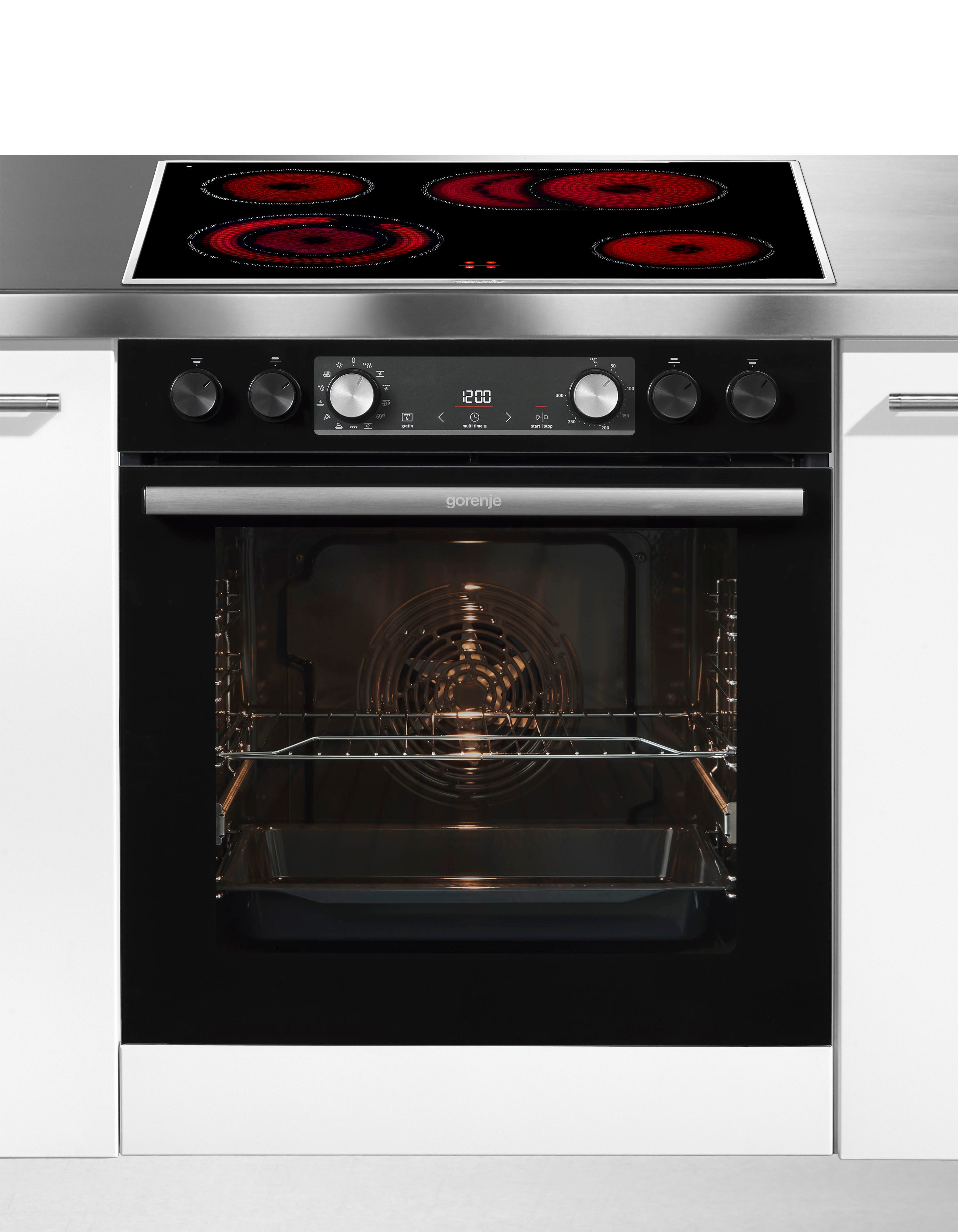 GORENJE Elektro-Herd-Set Black Set 4, mit 1-fach-Teleskopauszug, Aqua Clean, 300 °C Pizzafunktion. Pizza wie aus dem Steinofen