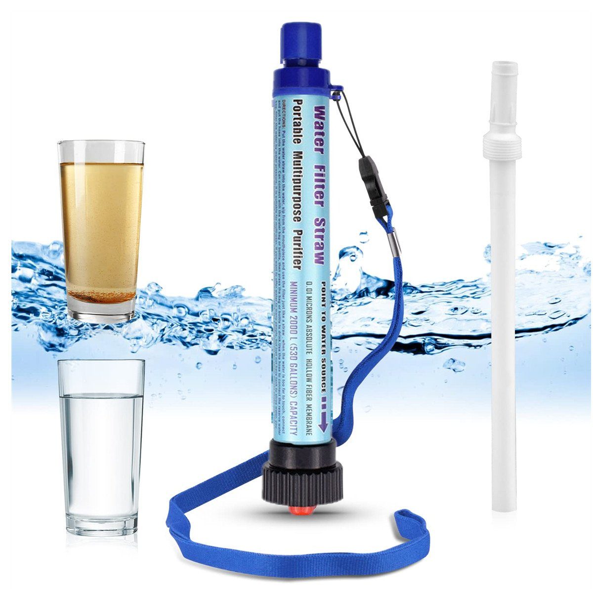 XDeer Wasserfilter Wasserfilter Outdoor,2000L Wasseraufbereiter,Survivalausrüstung, 99,99% aller Keime und Bakterien abtötet,geeignet für Camping Wandern hellblau