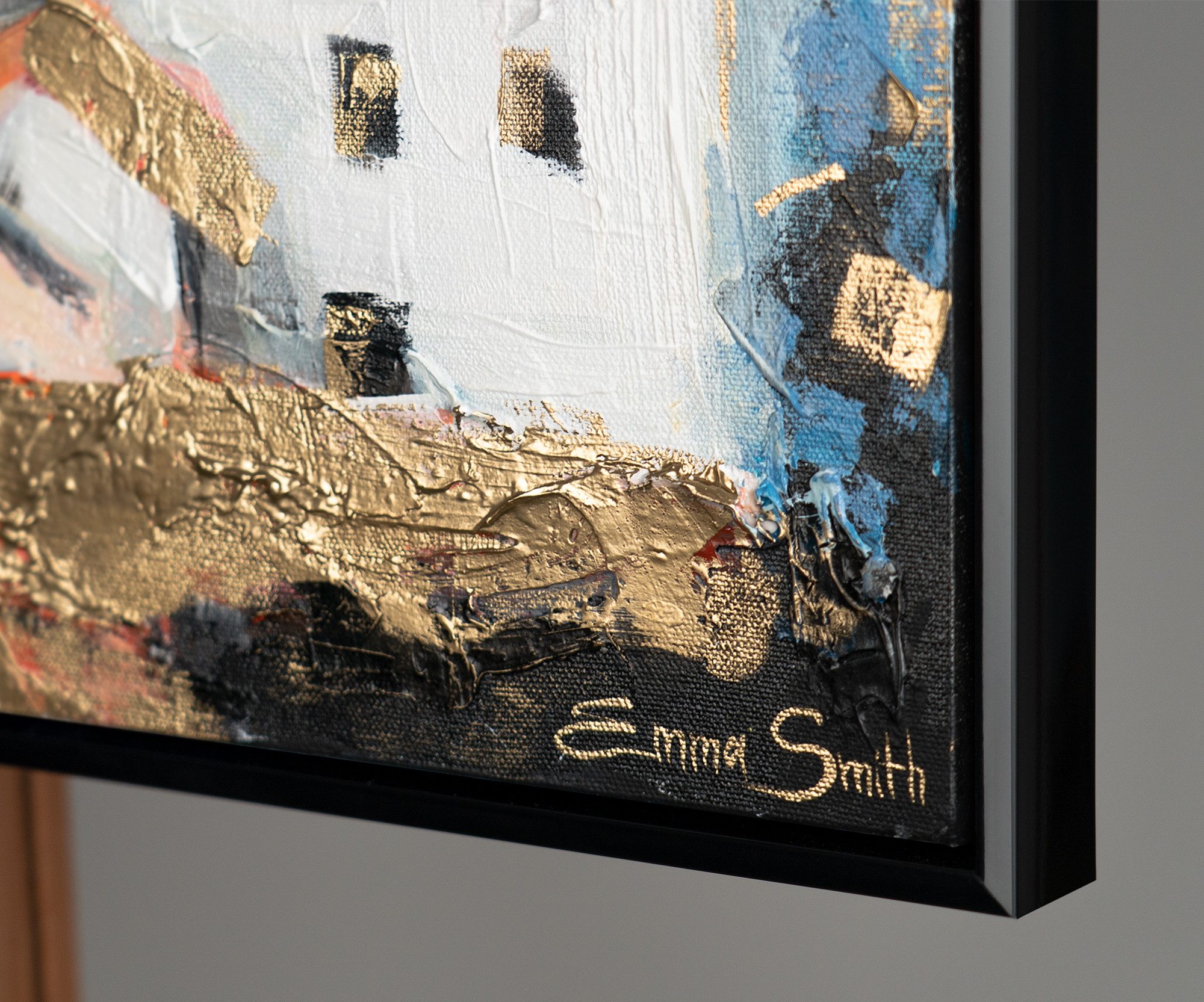 YS-Art Gemälde Häuschen im Sonnenlicht, Architektur, Leinwandbild einer abstrakten Kleinstadt, Dorfleben in gold