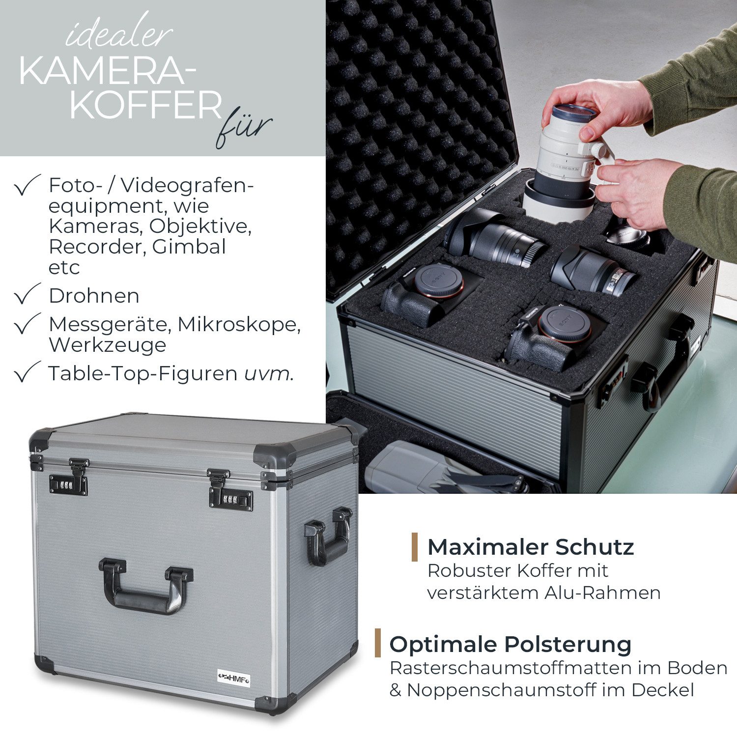 HMF Kameratasche Alu Fotokoffer, Miniaturenkoffer mit Rasterschaumstoff, Kamerakoffer mit zwei 3er Zahlenkombinationsschlössen, 46 x 33 x 41 cm