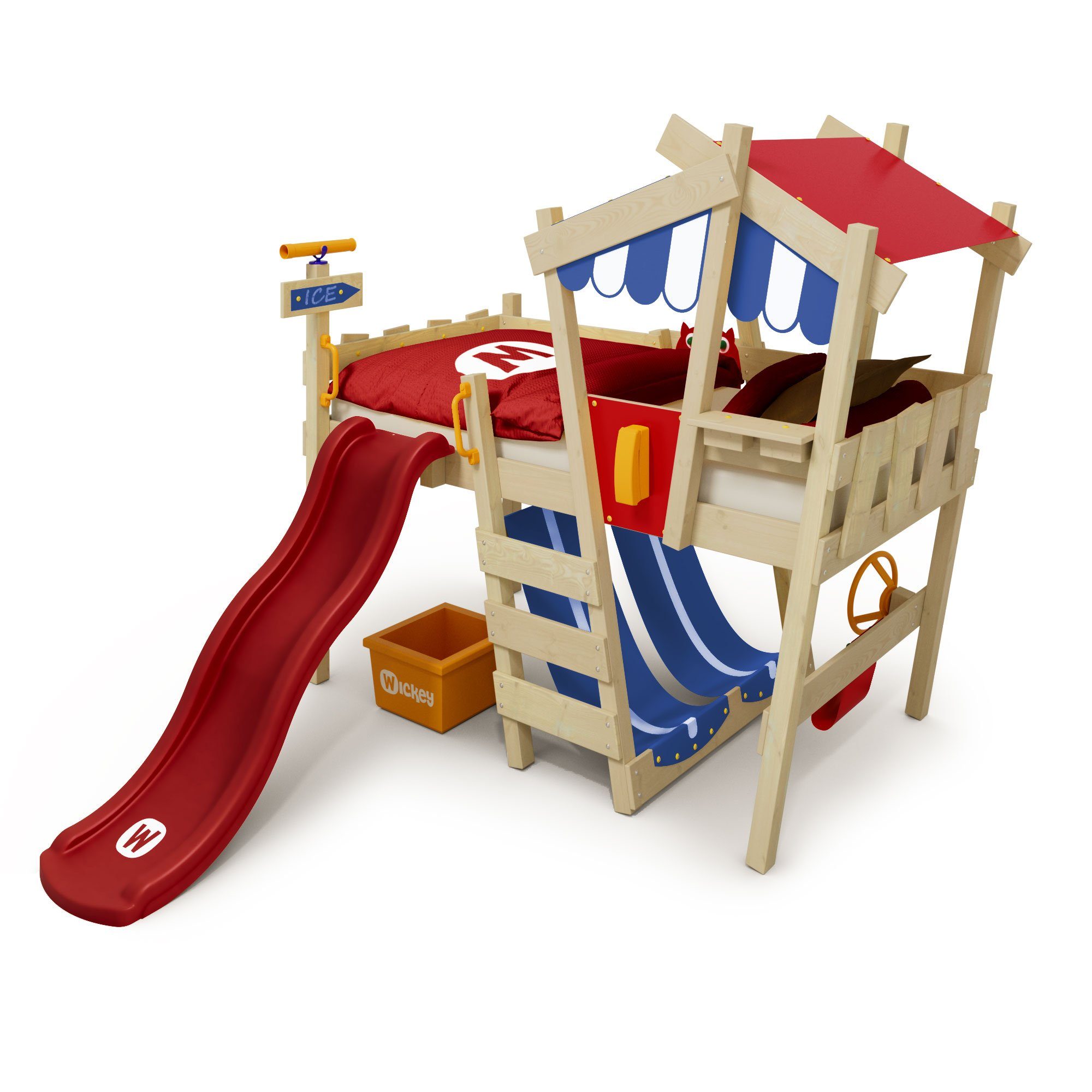 Wickey Kinderbett Crazy Hutty - Spielbett mit Rutsche 90 x 200 cm, Etagenbett (Holzpaket aus Pfosten und Brettern, Spielbett für Kinder), Massivholzbett Rot/Blau/Rot