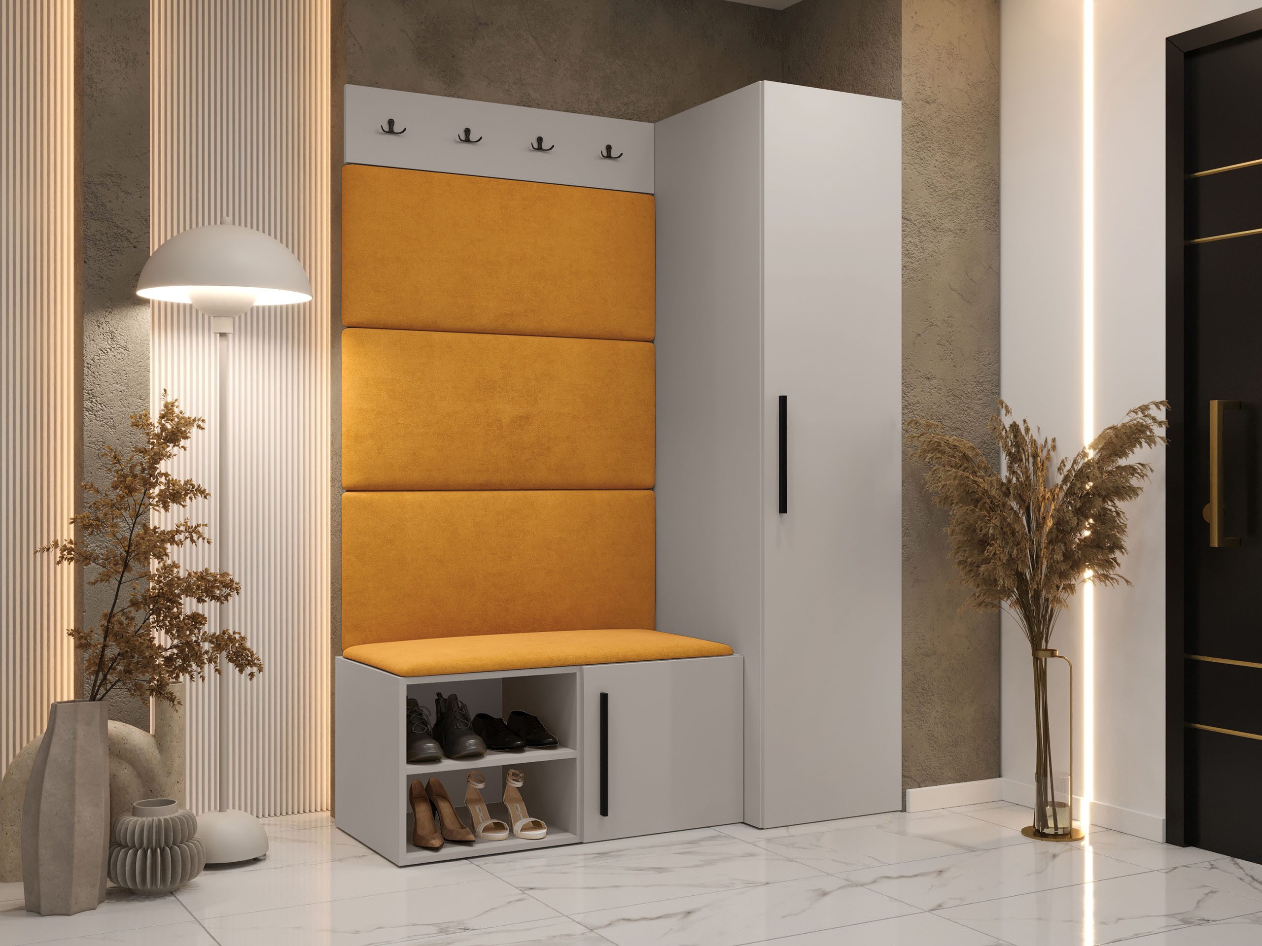 MIRJAN24 Garderoben-Set Medi II, (Drehtürenschrank, Schuhschrank, 4x Paneel 84x42), 4 Kleiderhaken für Kleidung