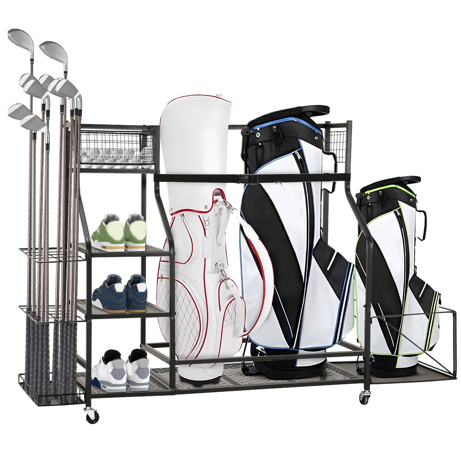 cocosity Golftrolley + Golfbag Golftaschen-Organizer für 3 Golftaschen und mehr, mit Rollen, für Garage, Club, Keller, 139,7 x 39,8 x 93,98 cm