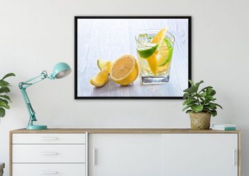 Pixxprint Leinwandbild Gin Tonic Shot mit Zitronen, Wanddekoration (1 St), Leinwandbild fertig bespannt, in einem Schattenfugen-Bilderrahmen gefasst, inkl. Zackenaufhänger