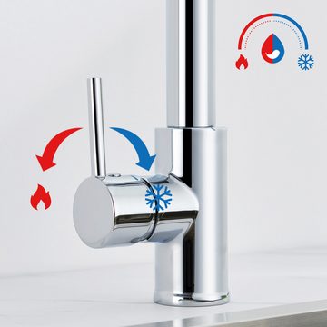 AuraLum pro Küchenarmatur Wasserhahn Küche mit Spiralfeder, 360° Drehbare Spültischarmaturen Einhebel Mischbatterie mit zwei Ausläufen, Chrom