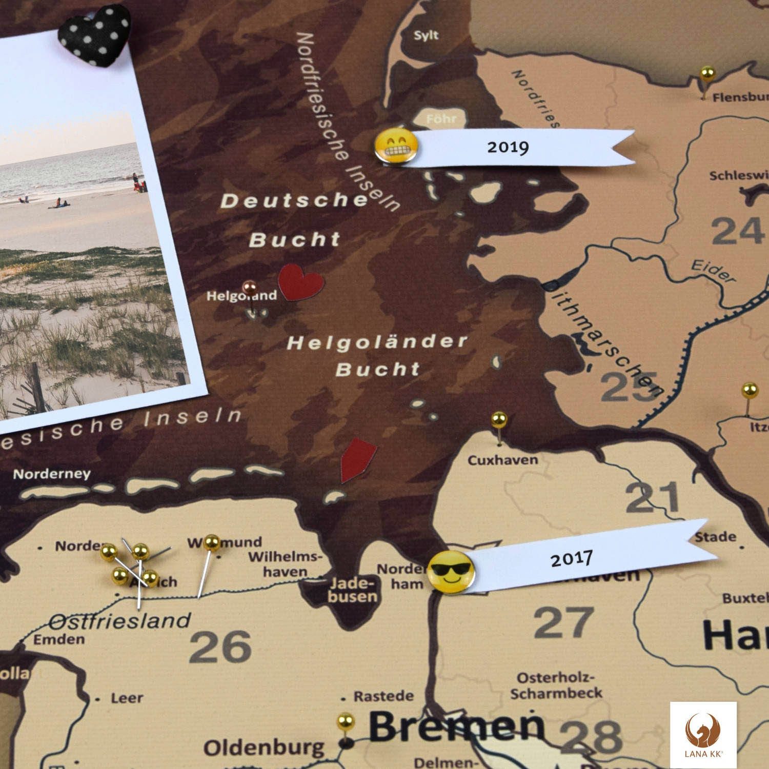 LANA KK Leinwandbild Deutschlandkarte Pinnwand zum markieren von Reisezielen, Leinwandbild