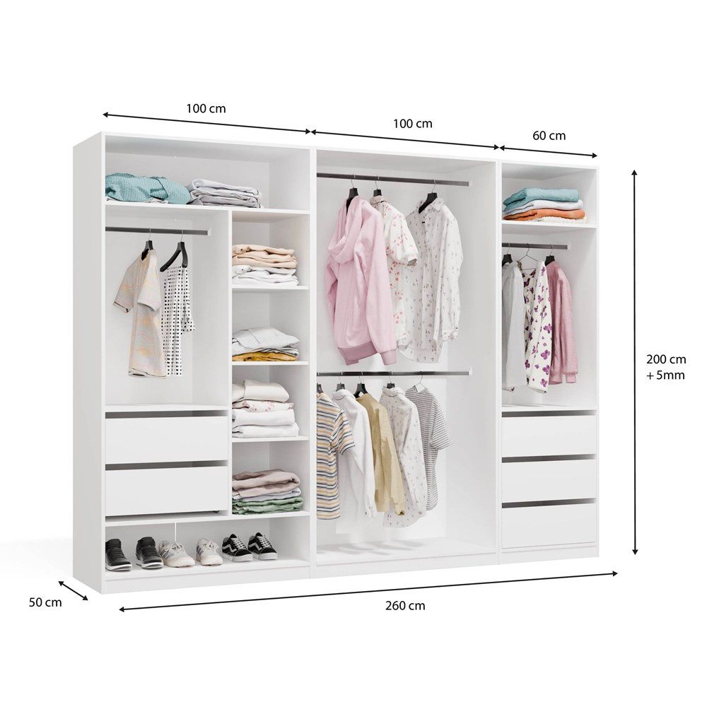 Raumhirsch Furniture Kleiderschrank Kleiderschrank, Garderobensystem, Schranksystem, Garderobe (Maße 260 x 50 x 200 (H) cm, 3 Segmente, 2 Kleiderstangen) Mit Schubladen, Modulares System