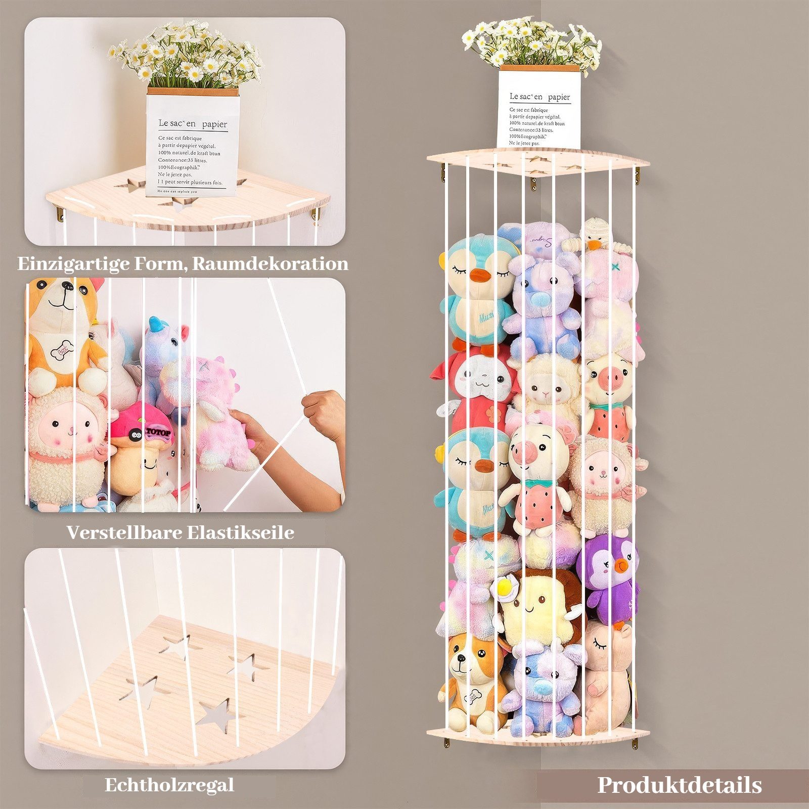 BlingBin Spielzeugtruhe Kuscheltier Aufbewahrung Organizer, Holz Eck Stofftier Regal (1 Set, 1 St., 135-180cm), Kinderzimmer Hängend Spielzeug Organizer für Plü – Bild 4 von 5