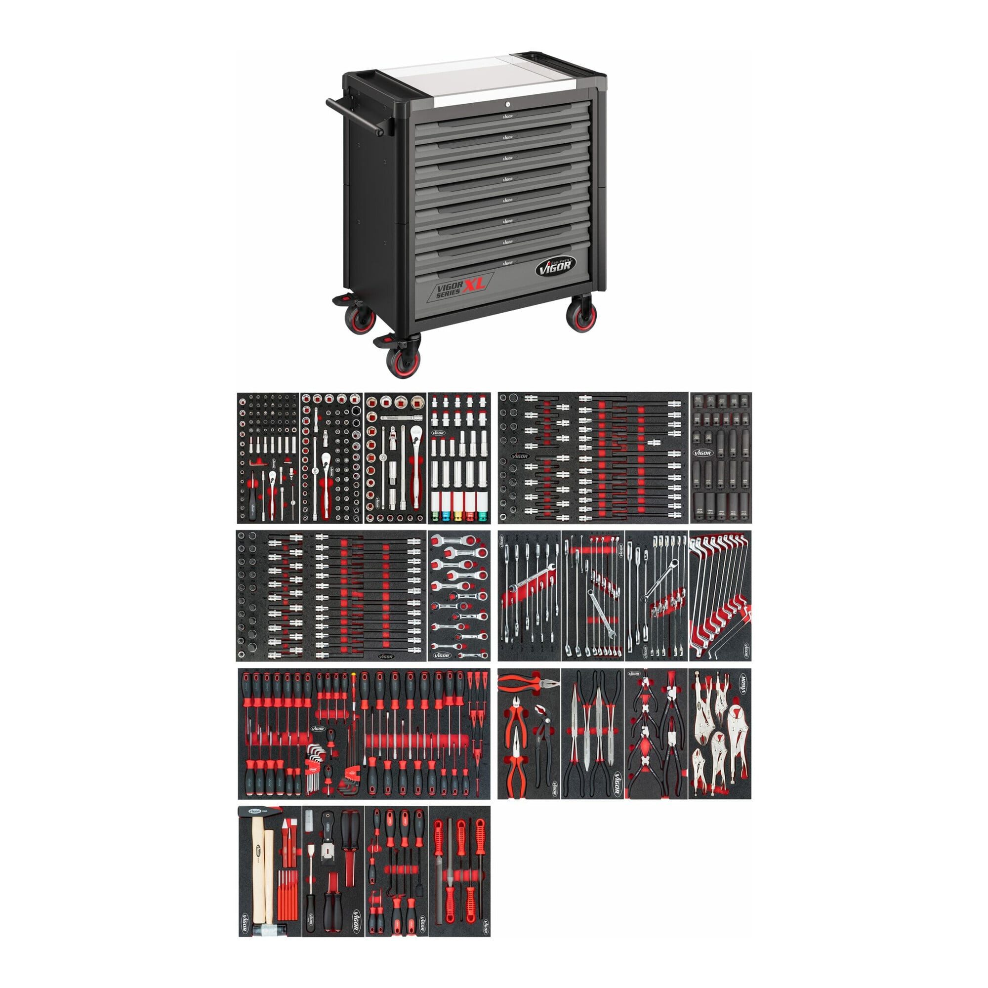 VIGOR Werkstattwagen VIGOR 1000 XL Edelstahl inklusive Sortiment 499-teilig V4481-X/499 ∙