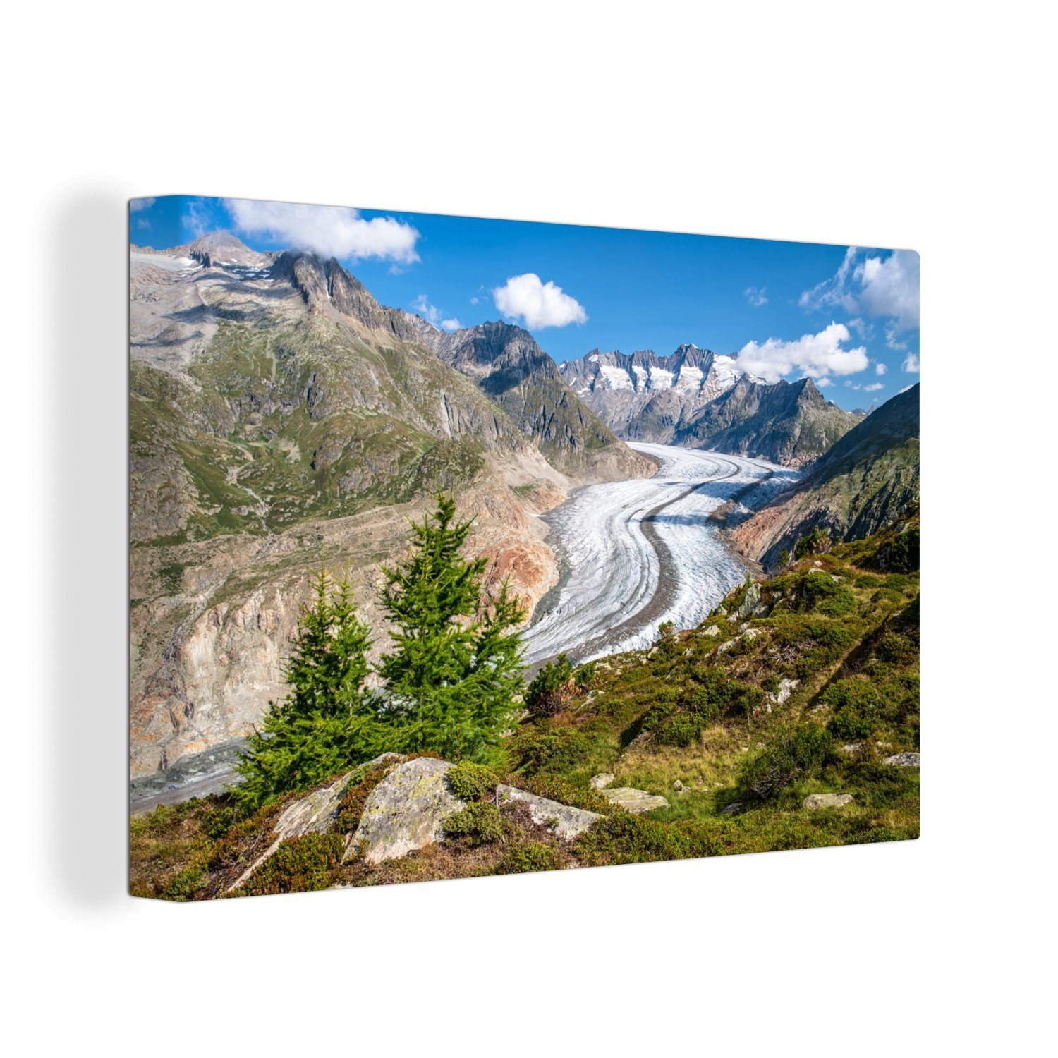 OneMillionCanvasses® Leinwandbild Der Aletschgletscher mit grünen Bäumen im Vordergrund in Europa, (1 St), Wandbild Leinwandbilder, Aufhängefertig, Wanddeko, 30x20 cm