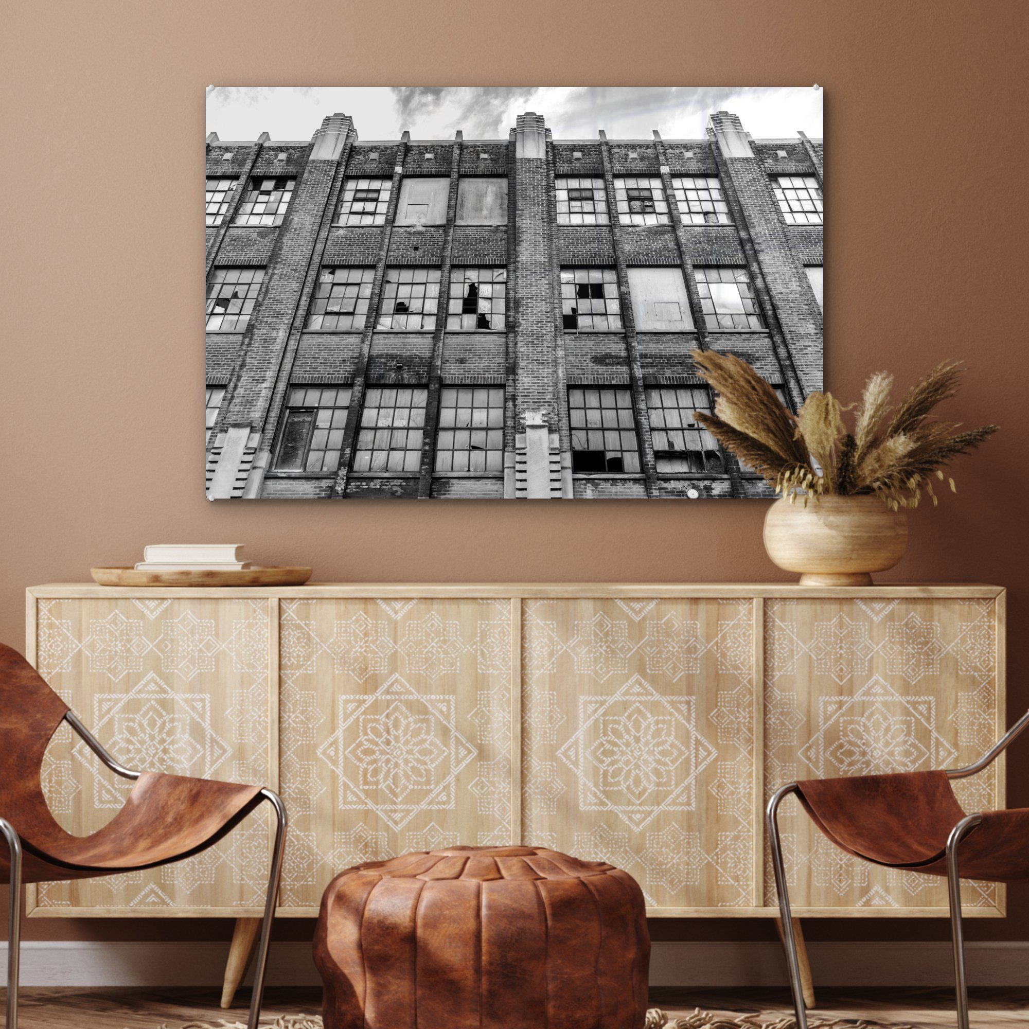 Acrylglasbild weiß, Wohnzimmer eingeschlagenen (1 & Fenstern Schlafzimmer St), MuchoWow schwarz - Verlassenes Gebäude Acrylglasbilder mit und