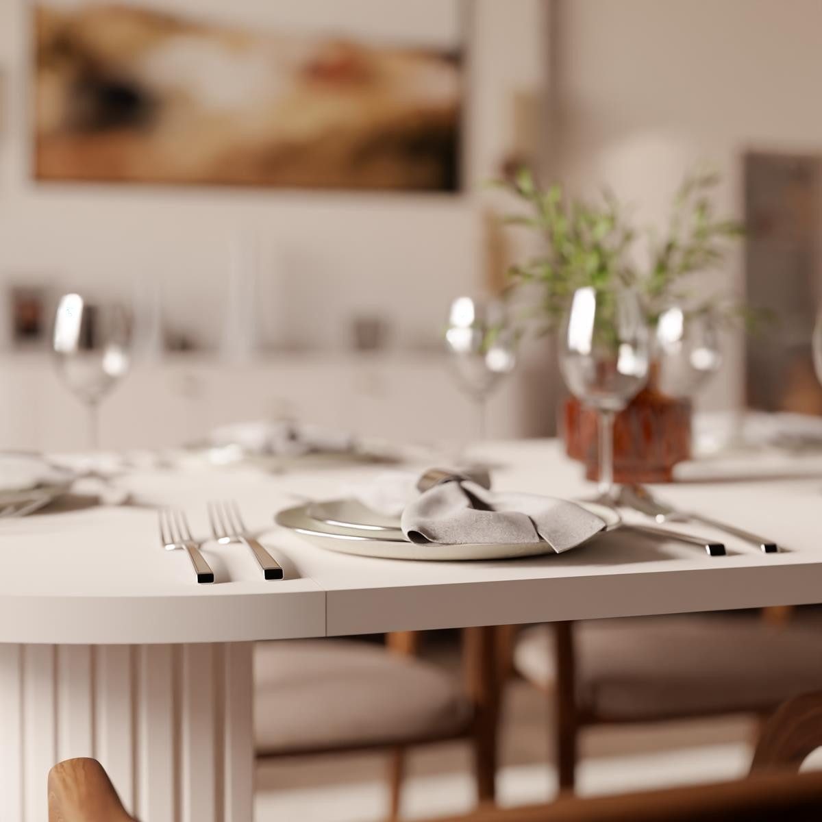 Compleo Esstisch ZANTO Ausziehtisch mit runder Platte und stabilem Zentralgestell, 100–188 cm, Sandbeige, 28-mm-Platte, familienfreundlich – Bild 4 von 5