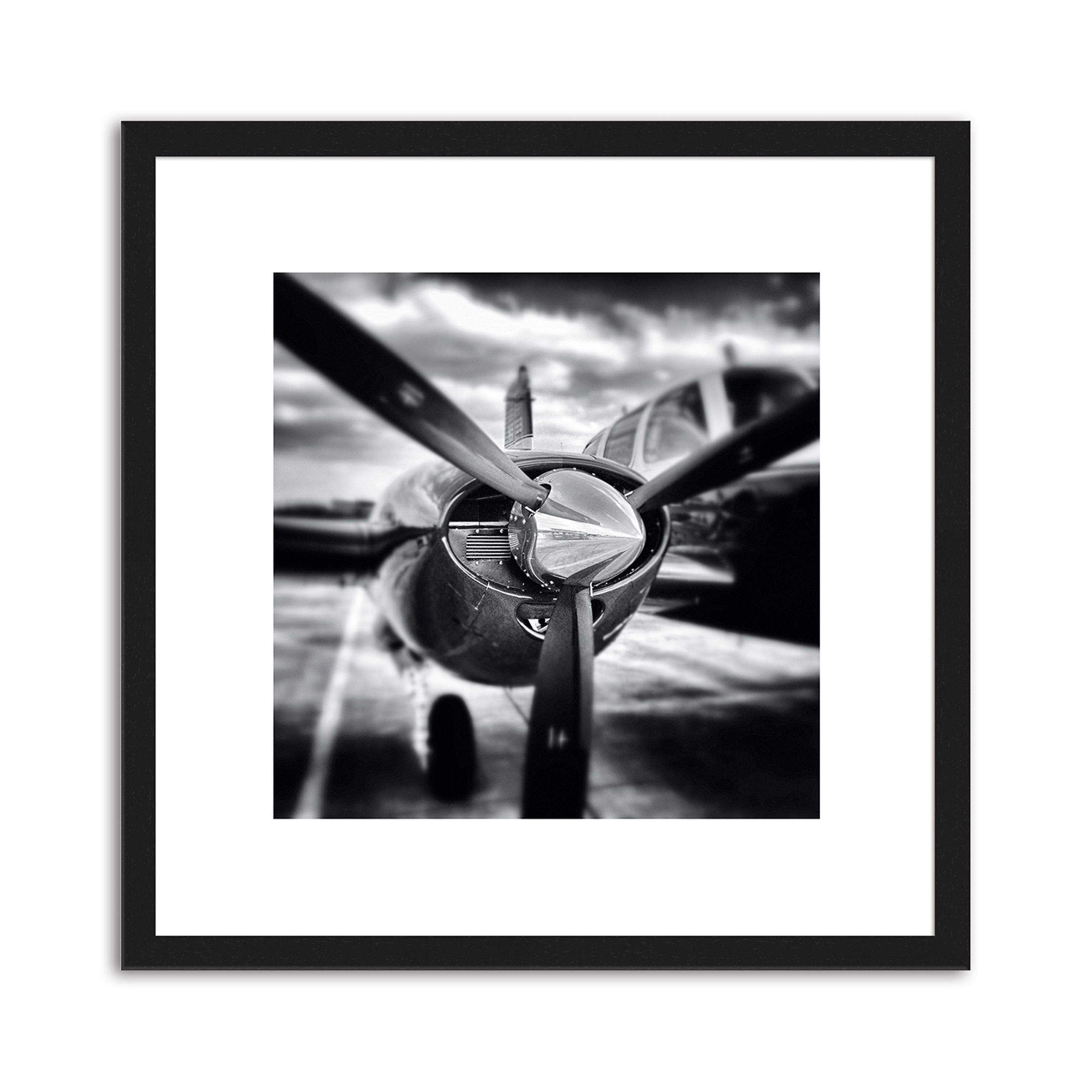 artissimo Bild mit Rahmen Bild gerahmt 30x30cm / Design-Poster inkl. Holz-Rahmen / Wandbild, Schwarz-Weiß Zeichnung: Flugzeuge II