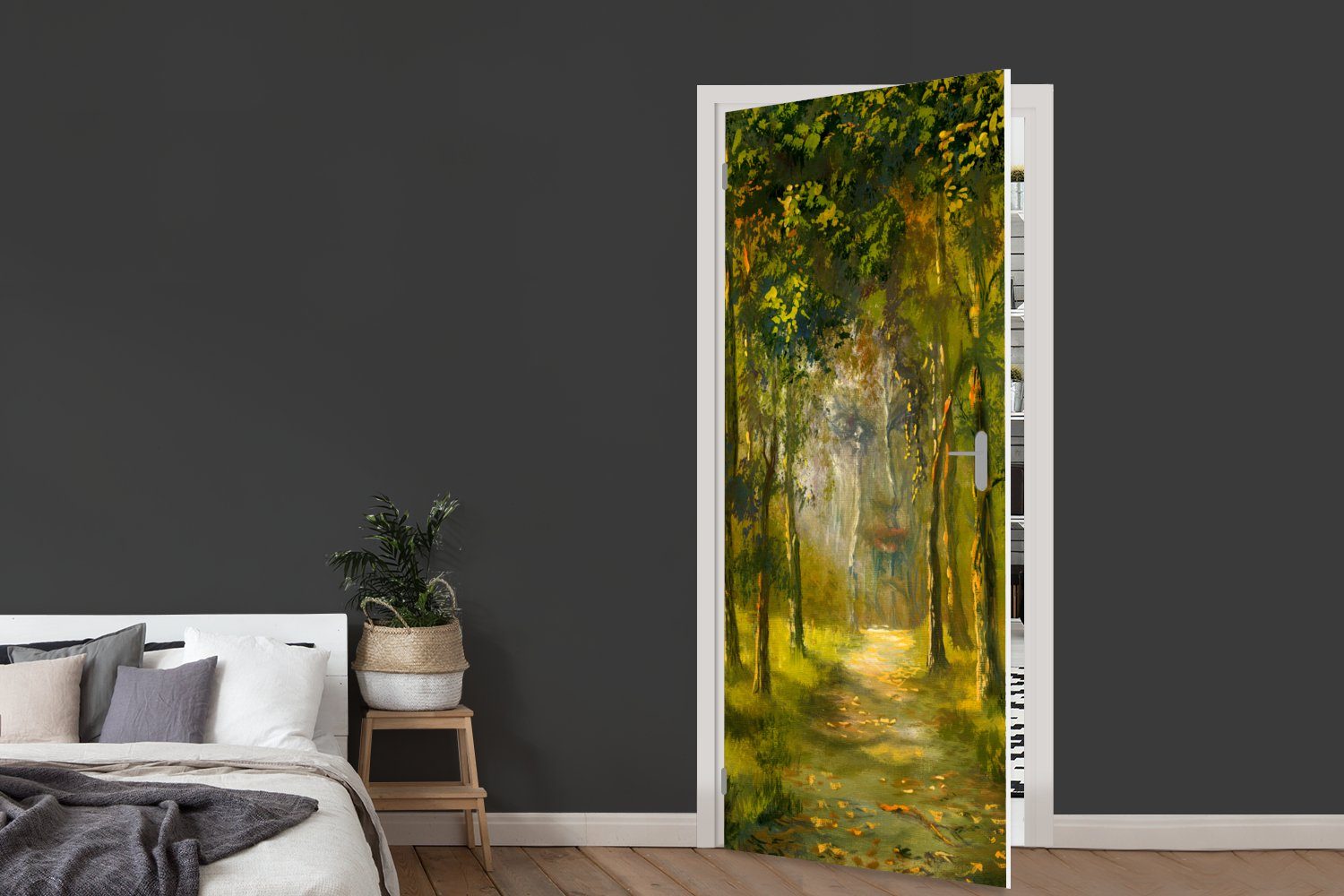 (1 Tür, St), durch cm für Türtapete Fototapete den Eine Matt, 75x205 Illustration MuchoWow Wald, eines bedruckt, Türaufkleber, Weges