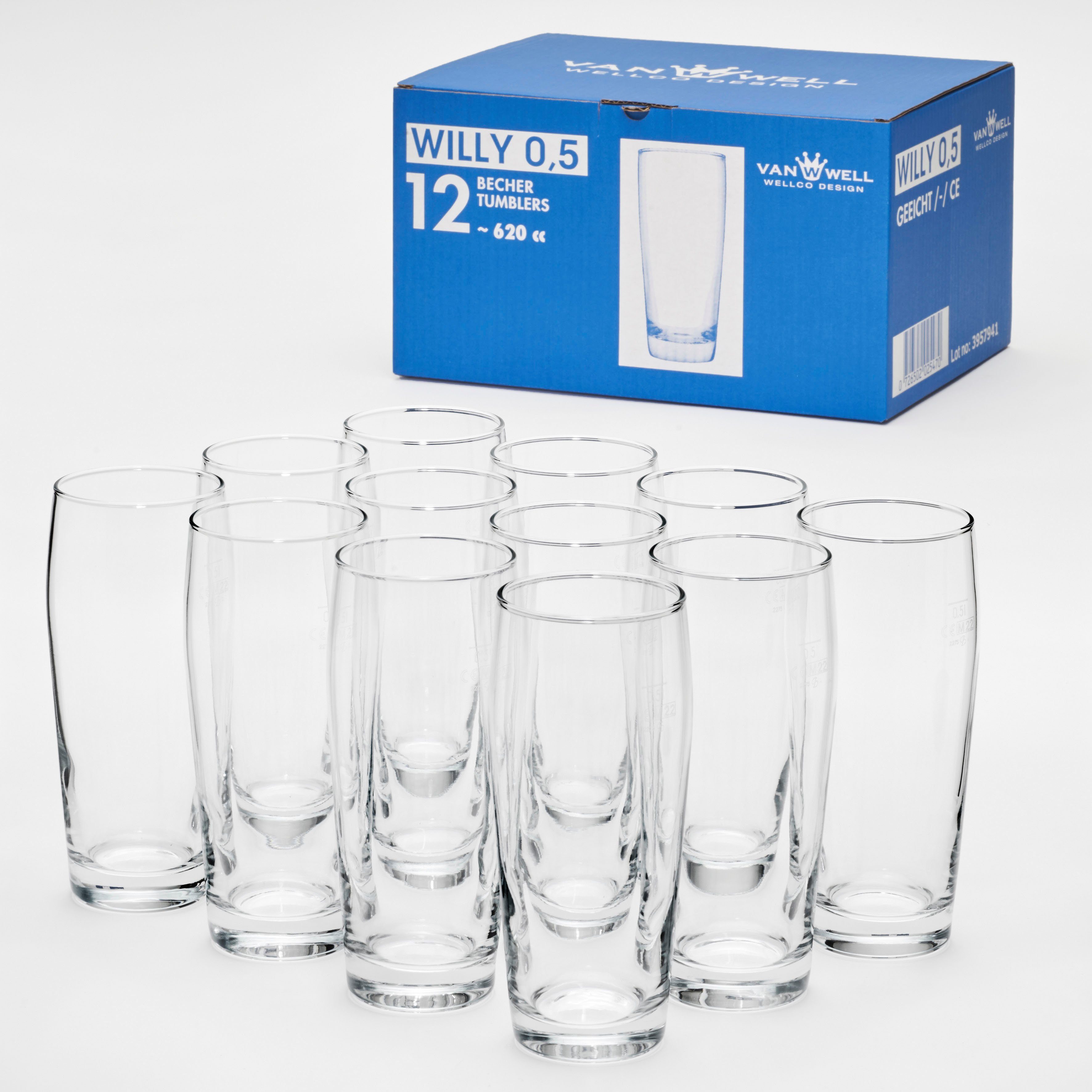 van Well Bierglas Willybecher, 12-tlg., Glas, 0,5 L, geeicht, spülmaschinenfest, Gastronomiequalität, 12-tlg.