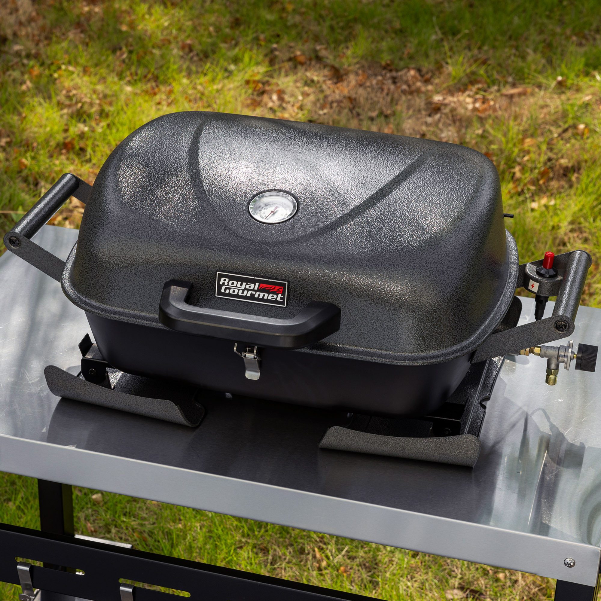 Royal Gourmet Gasgrill tragbarer Tischgrill, 3,5 kW mit Piezozündung und Thermometer, Outdoor Grill mit klappbaren Beinen und Deckelverschluss