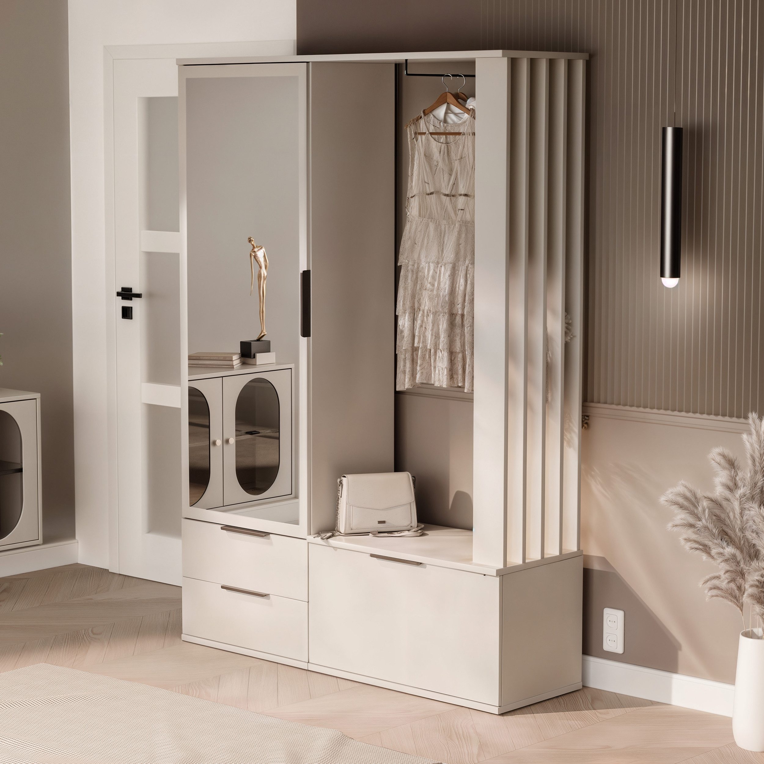 Beautysofa Kompaktgarderobe Filo mit Spiegel, Sitzbank, Schuhfach, Schubladen und Kleiderstange (Flurgarderobe, in Sandbeige) Breite: 140 cm – Bild 3 von 4