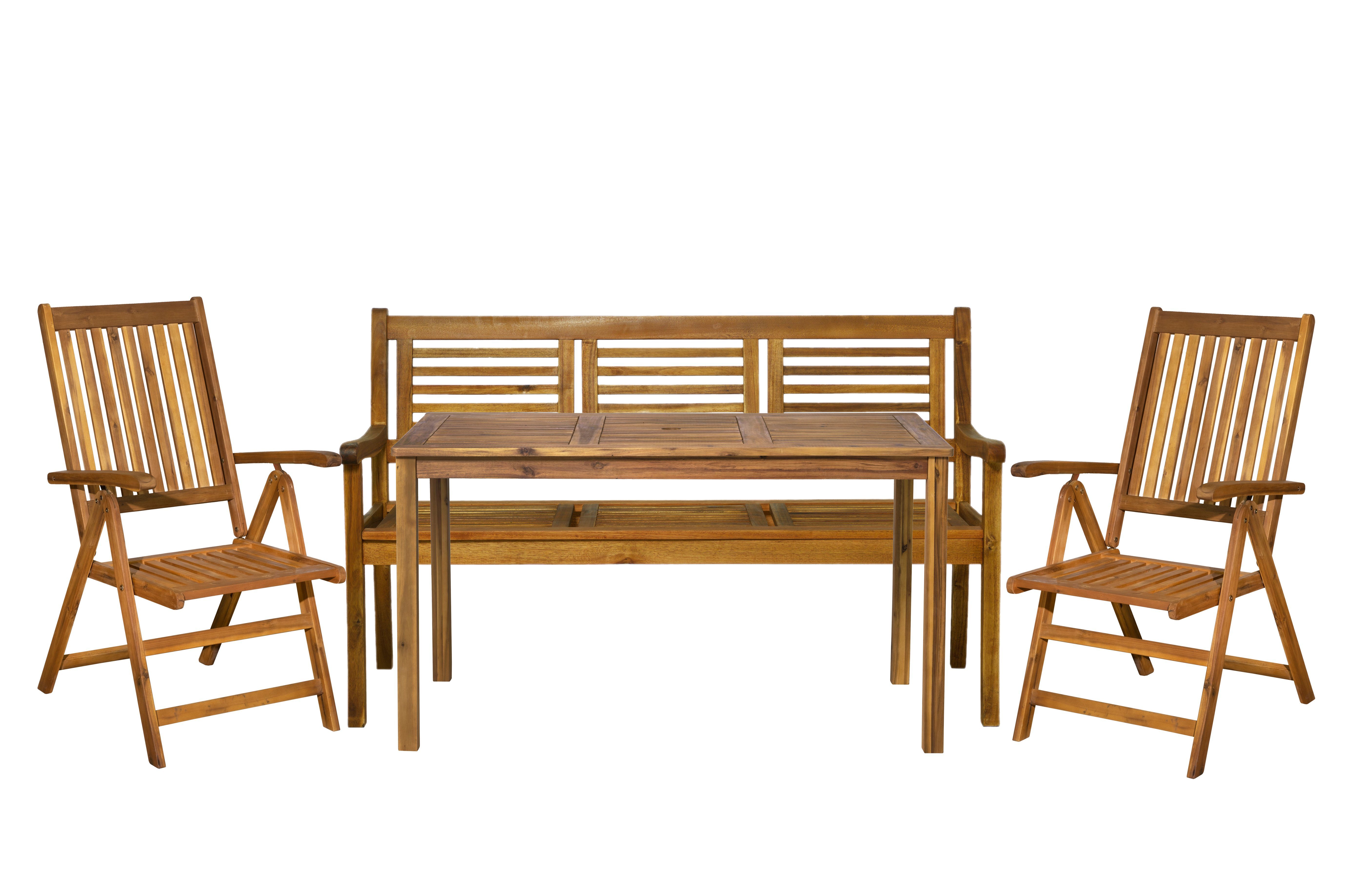 (BxHxT): Bank geöltem 135x74x80 und Stühle TPFGarden Sitzgruppe Tisch 2 1 Farbe: Schirmloch, - mit Bank Stühlen, Tisch mit und 1 Stühlen, 56x108x74 - - Balkon Maße Bank: 1 Akazienholz, - (Gartenesstisch natur), Sitzgruppe aus AKANA Gartenessgruppe 4-tlg., cm 150x92x68