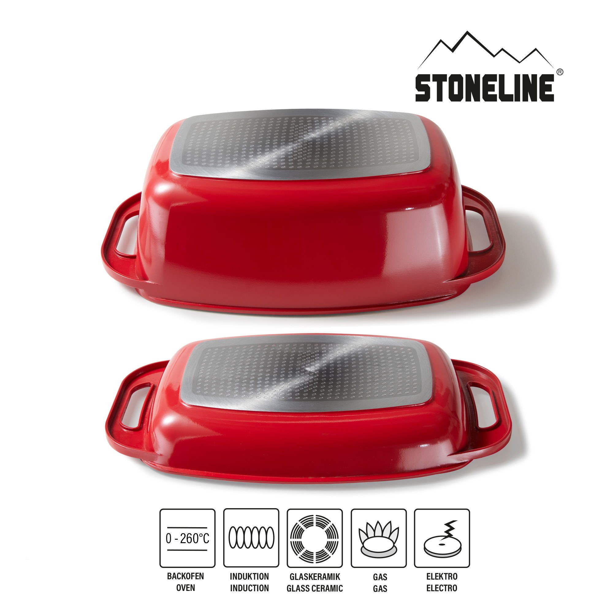 STONELINE Bräter mit Aluguss-Deckel auch als Auflaufform verwendbar (43x26, rot), Aluminiumguss (Set, 2-tlg., 1x Aluguss Bräter, 1x Deckel), Multifunktions-Bräter, induktionsgeeignet, Designed in Germany