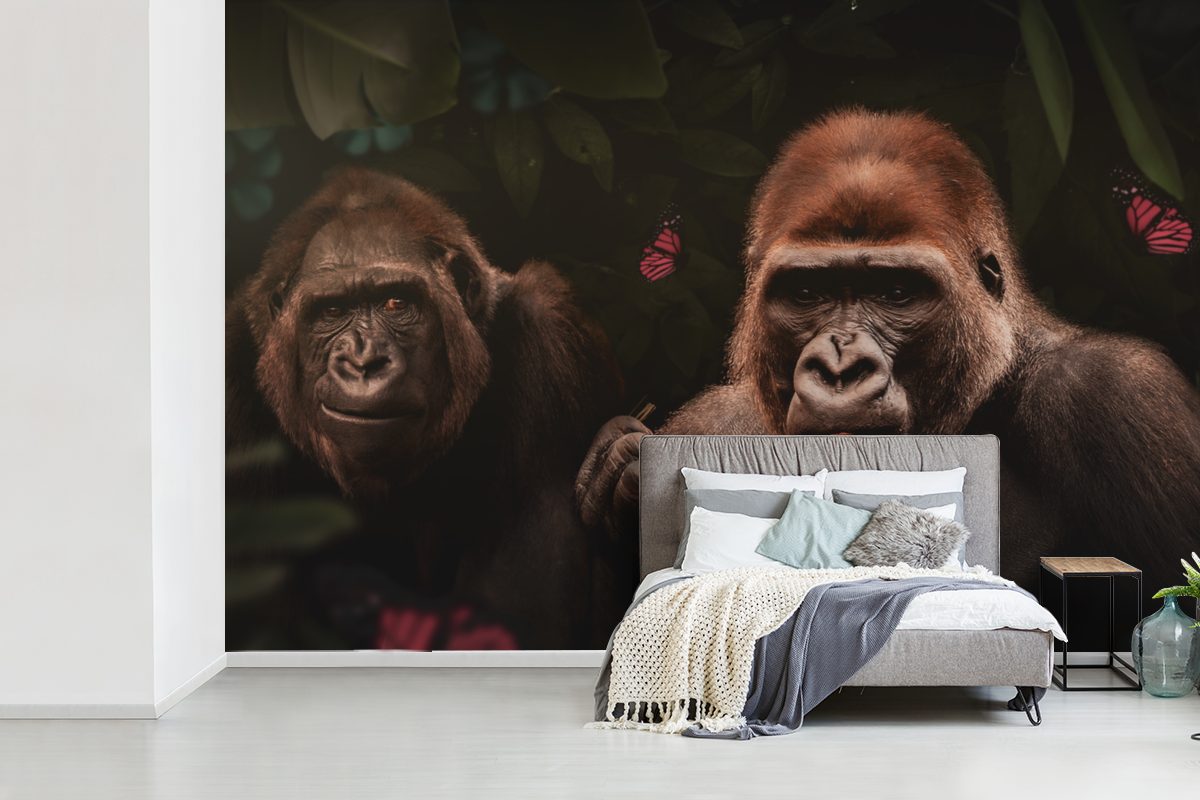 Kinderzimmer, Pflanzen St), bedruckt, Schlafzimmer, MuchoWow - (6 Wohnzimmer, Dschungel für Vinyl - Gorilla - Wallpaper Tapete Fototapete Schmetterling, Matt,