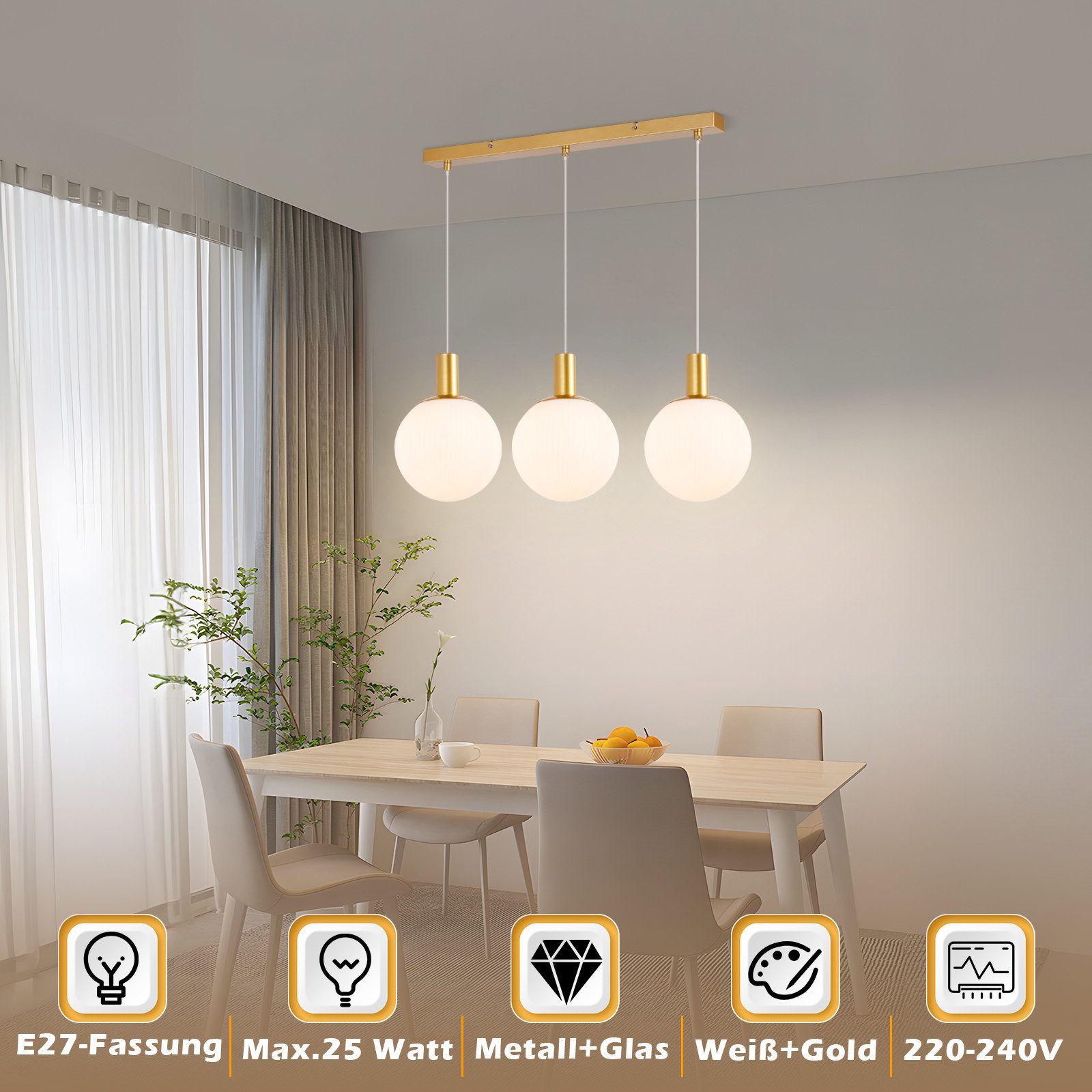 Nettlife Hängeleuchte Esstisch Glas E27 Gold 3/4 Flammig Höhenverstellbar Pendelleuchte, Höhenverstellbar, LED wechselbar, Hängend Glas Kronleuchter für Wohnzimmer Schlafzimmer Küche Esszimmer