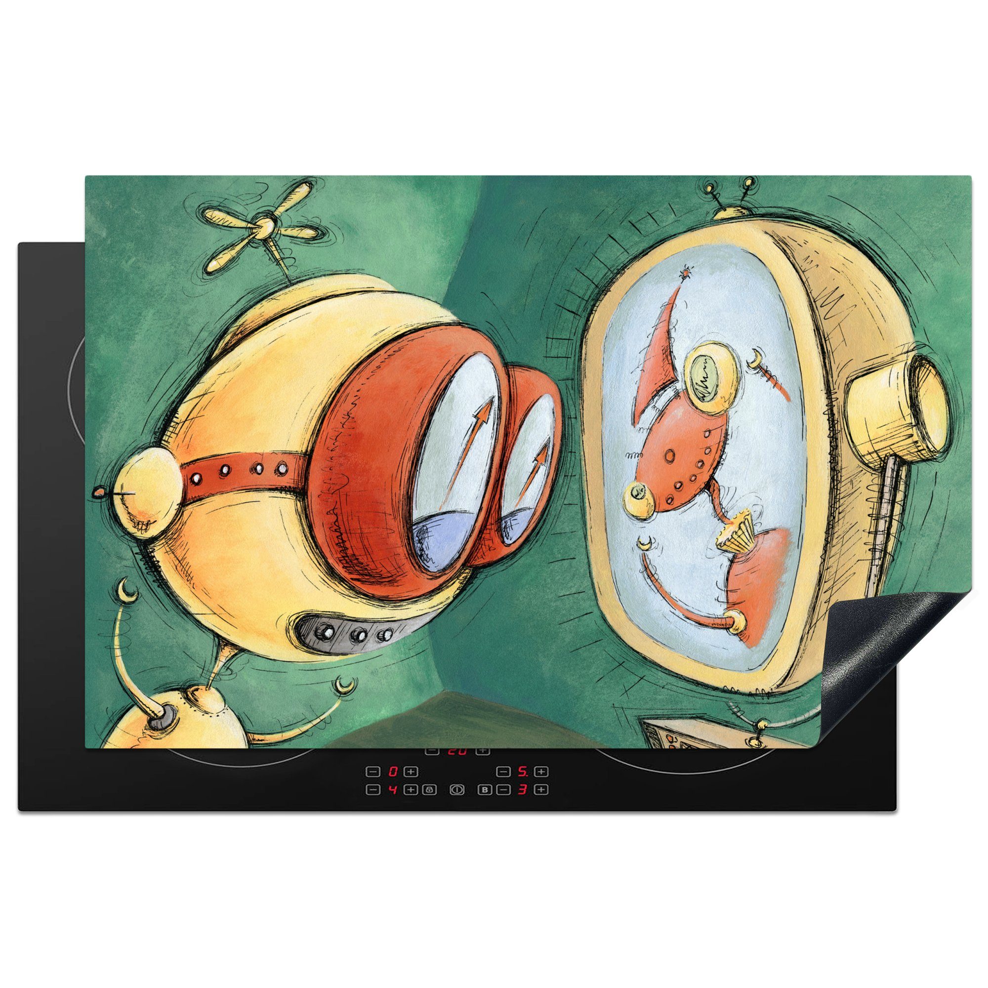 MuchoWow Herdblende-/Abdeckplatte Eine Illustration eines Roboters, der fernsieht, Vinyl, (1 tlg), 81x52 cm, Induktionskochfeld Schutz für die küche, Ceranfeldabdeckung