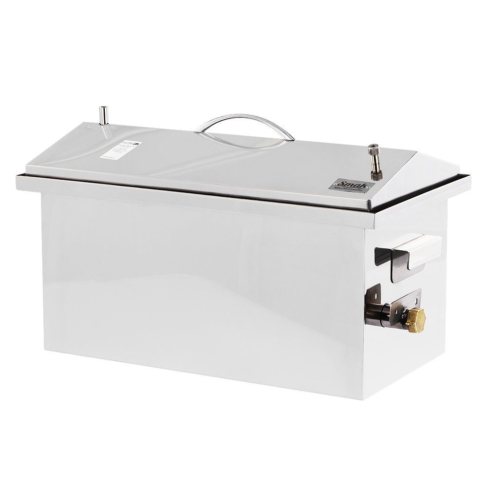 BEM Räucherbox von SMAK mit Deckel aus Edelstahl (Universalgerät für das Kalt- und Heißräuchern von Lebensmitteln) Räucherofen Smoker mit eingebautem Thermometer