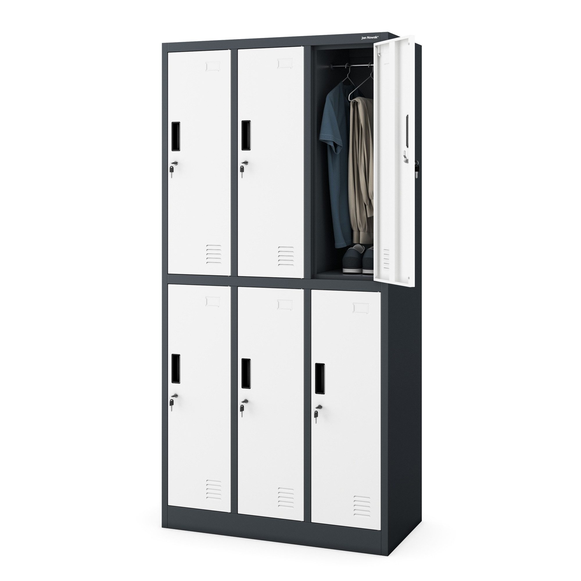 Jan Nowak Mehrzweckschrank Metall Kleiderspind 90 cm IGOR 6 Fächer abschließbar Stahl (Umkleideschrank BHP Arbeitsraum Fitness Kosmetik Sozialraum, 0,6 mm 185 x 90 x 45 cm Wandmontage Kleiderstange 10 kg 49 kg) Lüftungsschlitze Namensschildhalter Zylinderschloss 19 Farben