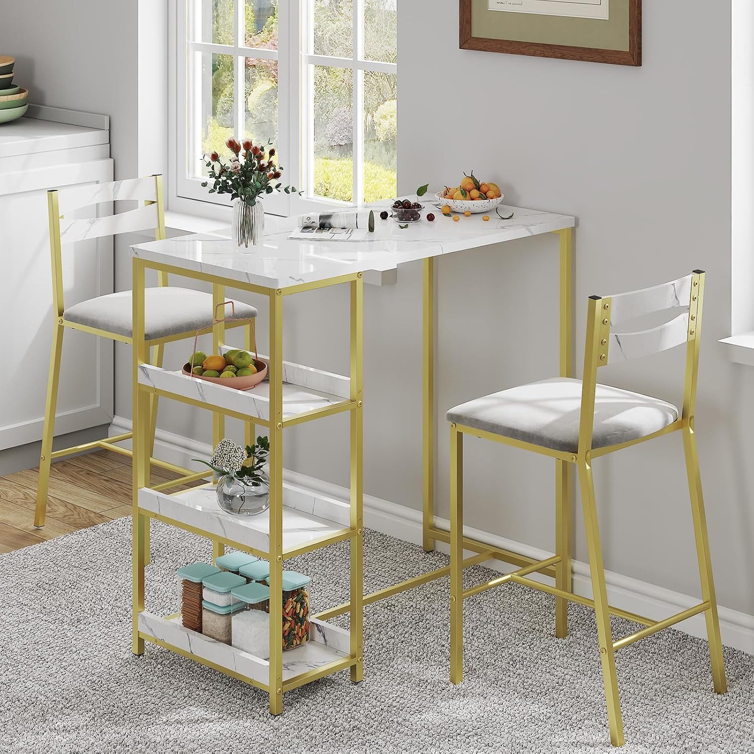 GarveeMore Bartisch Küchentisch & Stühle Für 2 Polsterstühle & Dicke Holzplatte, 3-Teiliger Esstisch Set Mit 3 Aufbewahrungsregalen Für Kleinen Raum
