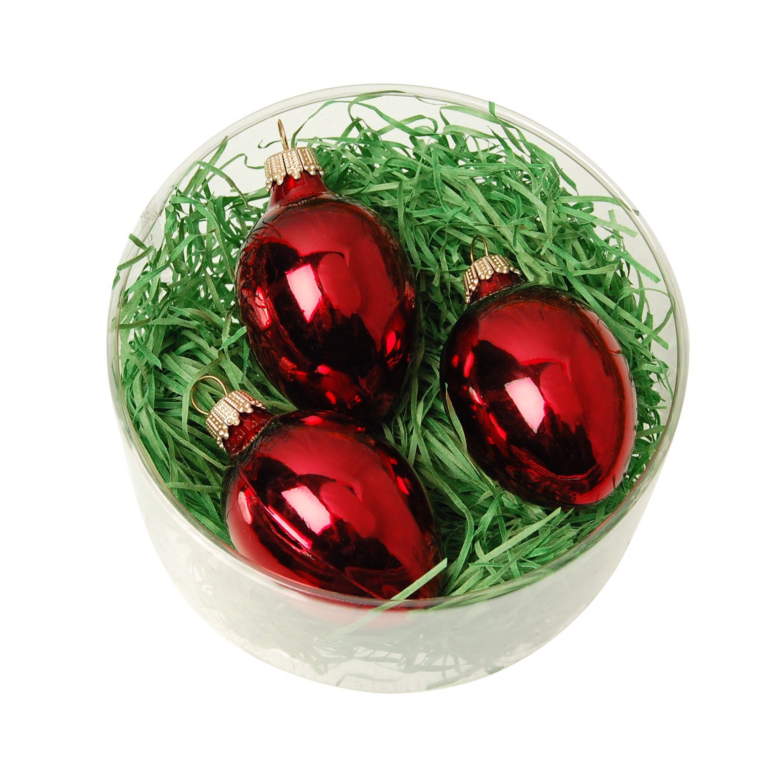 Krebs Glas Lauscha Christbaumschmuck kleines Osternest mit 3 Ostereiern (5cm) bordeaux und Ostergras (1-tlg)