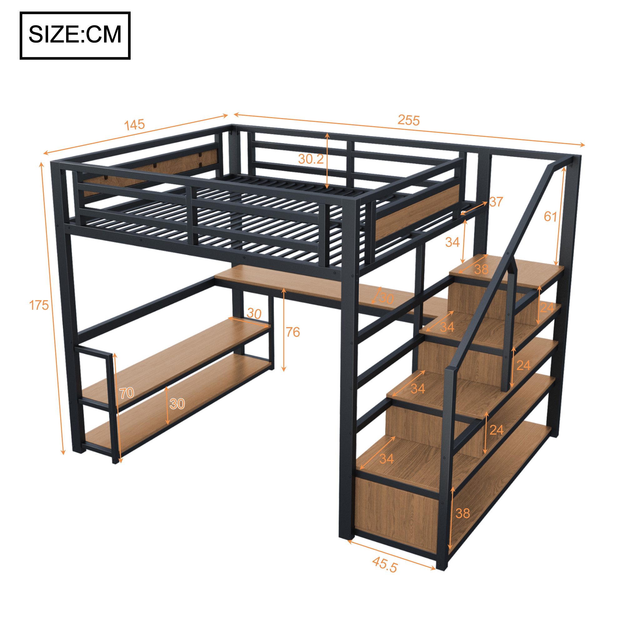 Flieks Hochbett Metallbett 140x200cm mit Stauraumtreppe, Regale und Schreib günstig online kaufen