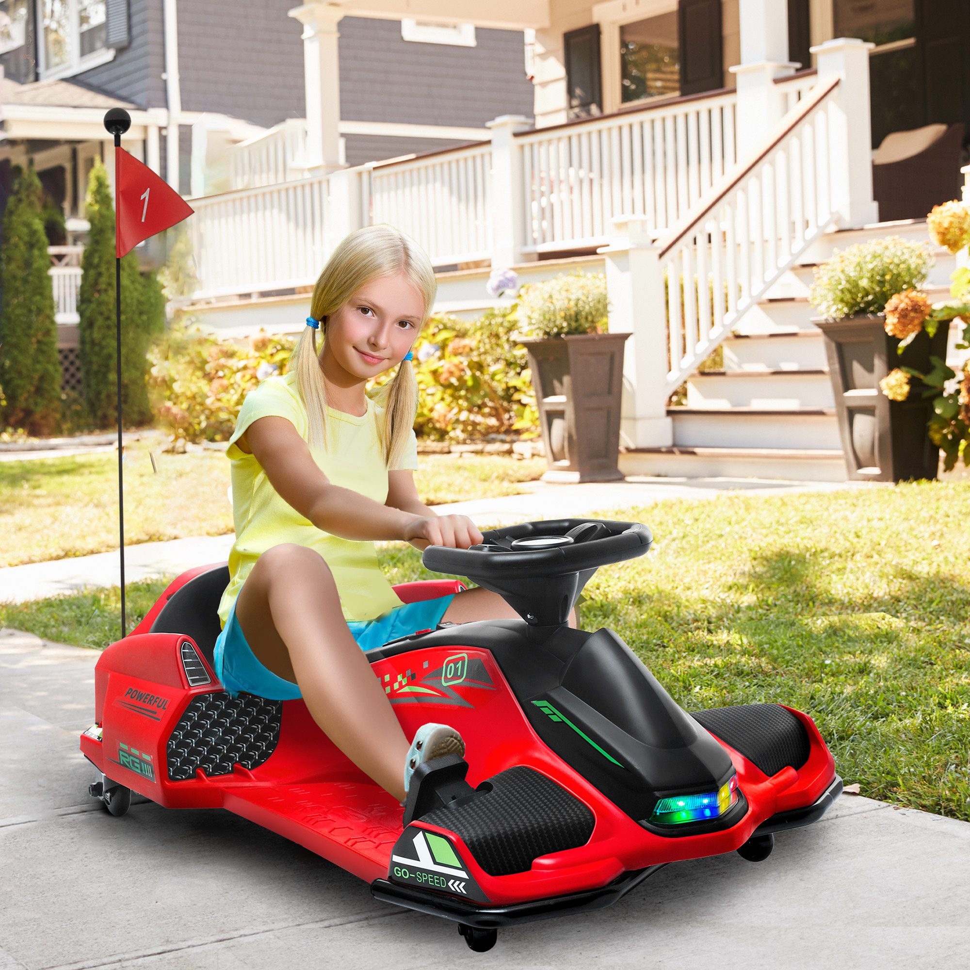 HOMCOM Elektro-Kinderauto mit Driftmodus, Langsamem Start, Lichtern Musik, Sicherheitsgurt, Belastbarkeit 50 kg, (1-tlg), 12 V 3-8km,h, für 8-12 Jahre Kinder, Rot